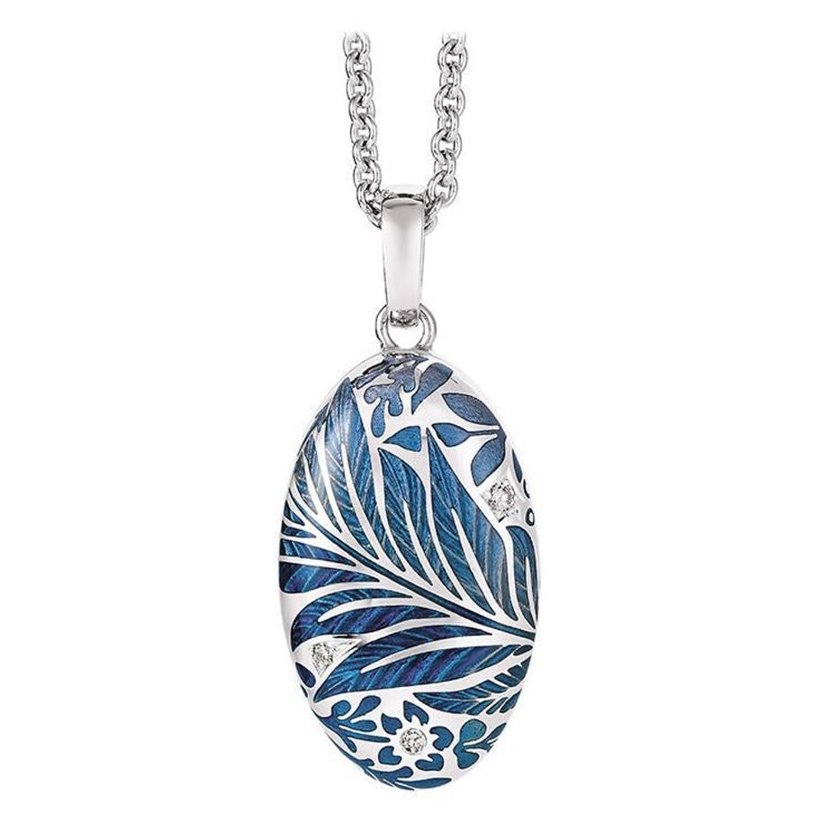 Ovaler Medaillon-Anhänger Halskette 18k Weißgold Blau Vitreous Emaille 3 Diamanten