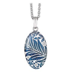 Oval Locket Pendant Necklace 18k White Gold Blue Vitreous Enamel 3 Diamonds