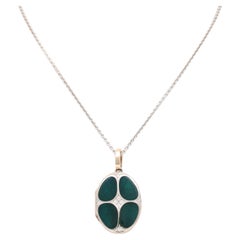 Oval Locket Pendant Necklace 18k White Gold Green Enamel 8 Diamonds 0.16 ct H VS
