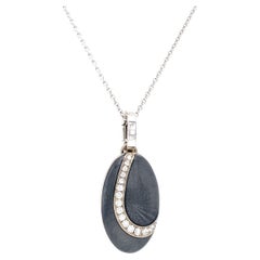 Oval Locket Pendant Necklace 18k White Gold Grey Guilloche Enamel 16 Diamonds