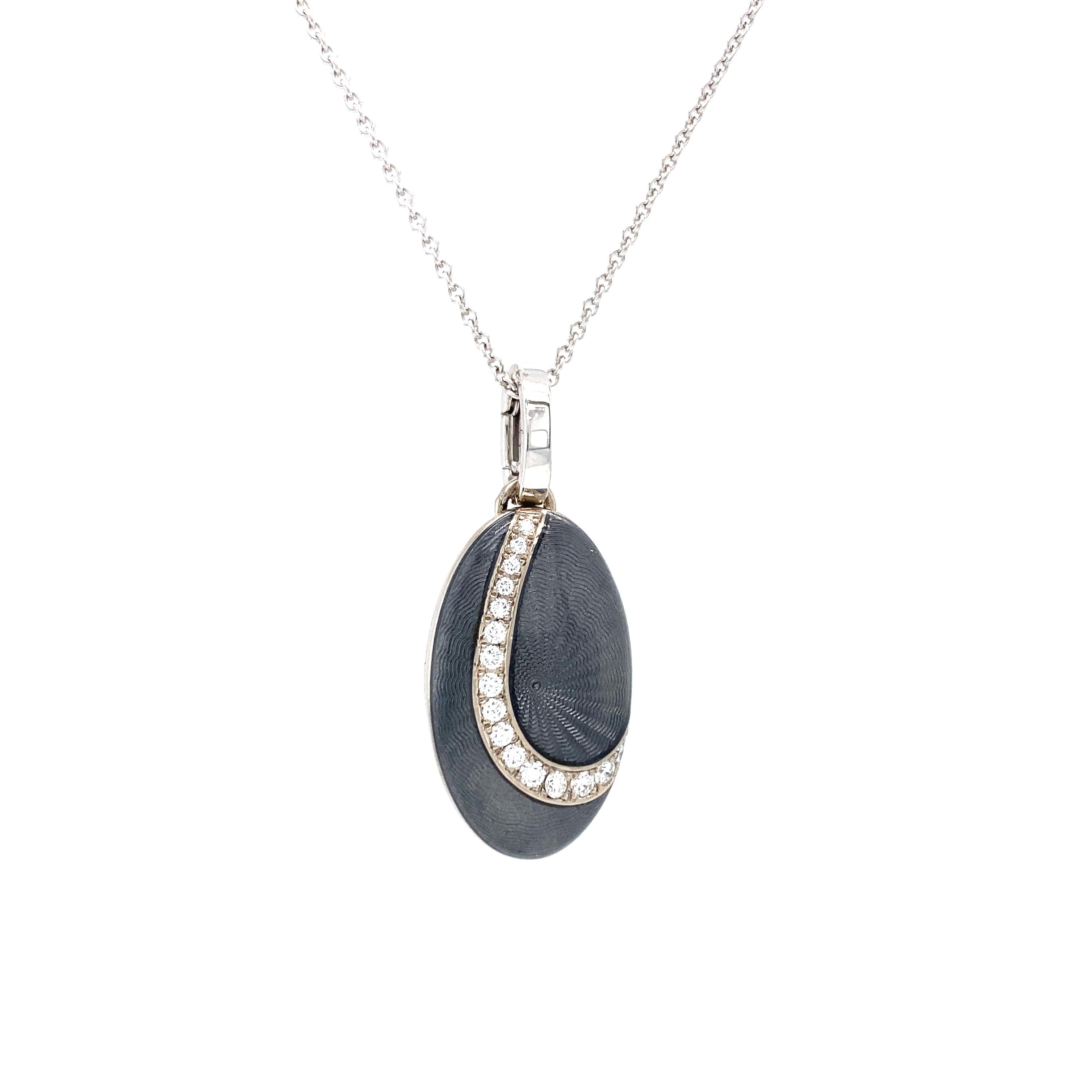 Contemporary Oval Locket Pendant Necklace 18k White Gold Grey Guilloche Enamel 16 Diamonds For Sale