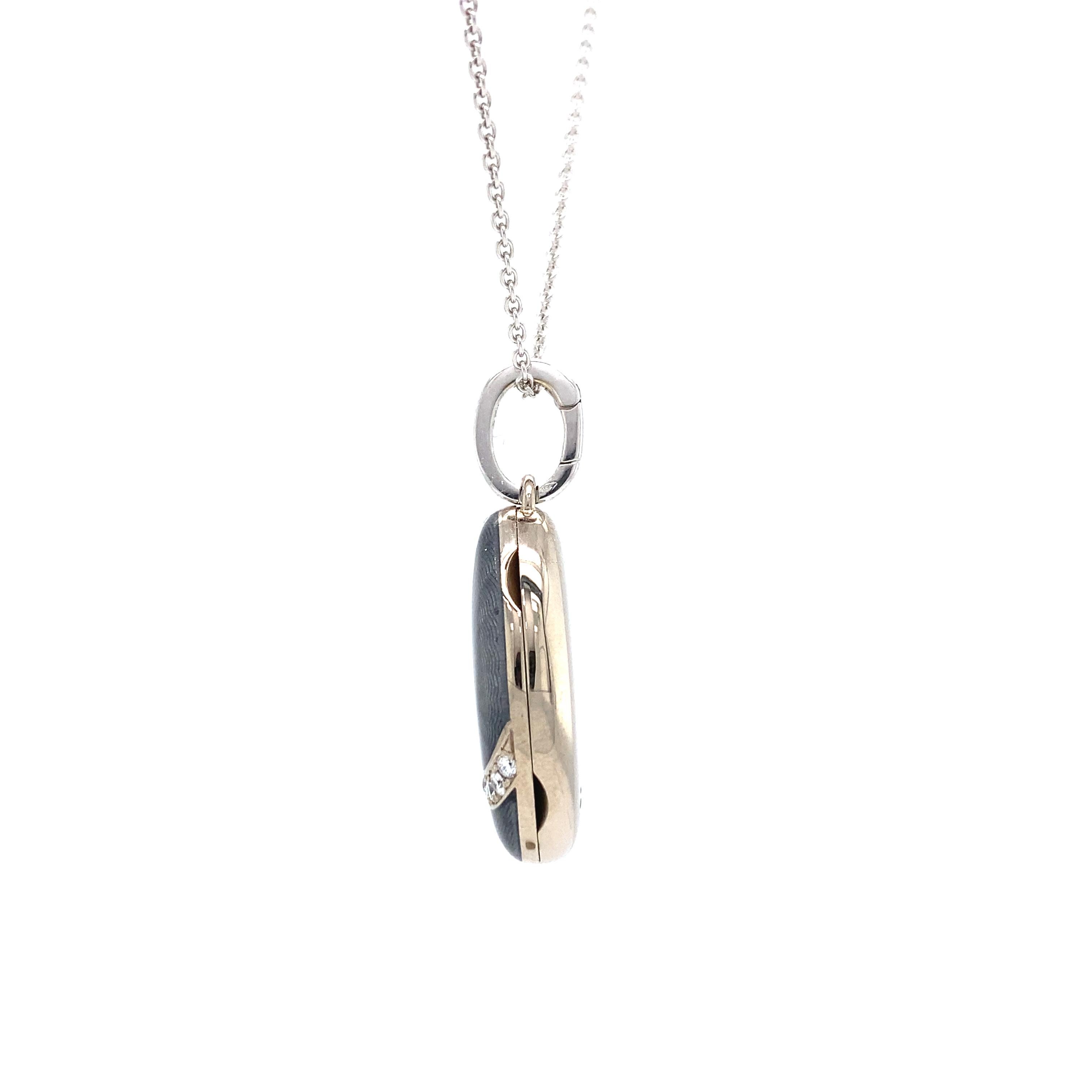 Women's Oval Locket Pendant Necklace 18k White Gold Grey Guilloche Enamel 16 Diamonds For Sale