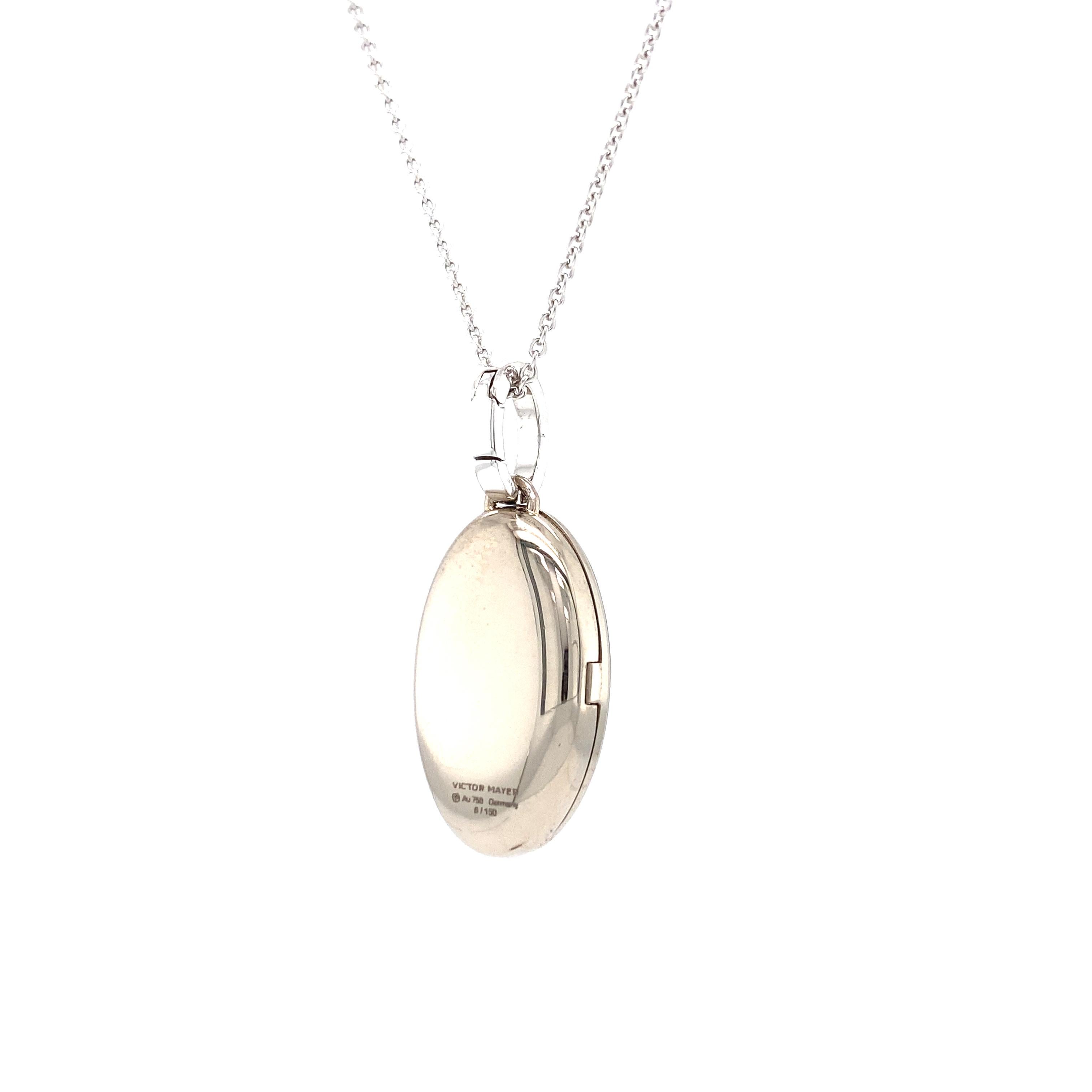 Oval Locket Pendant Necklace 18k White Gold Grey Guilloche Enamel 16 Diamonds For Sale 3