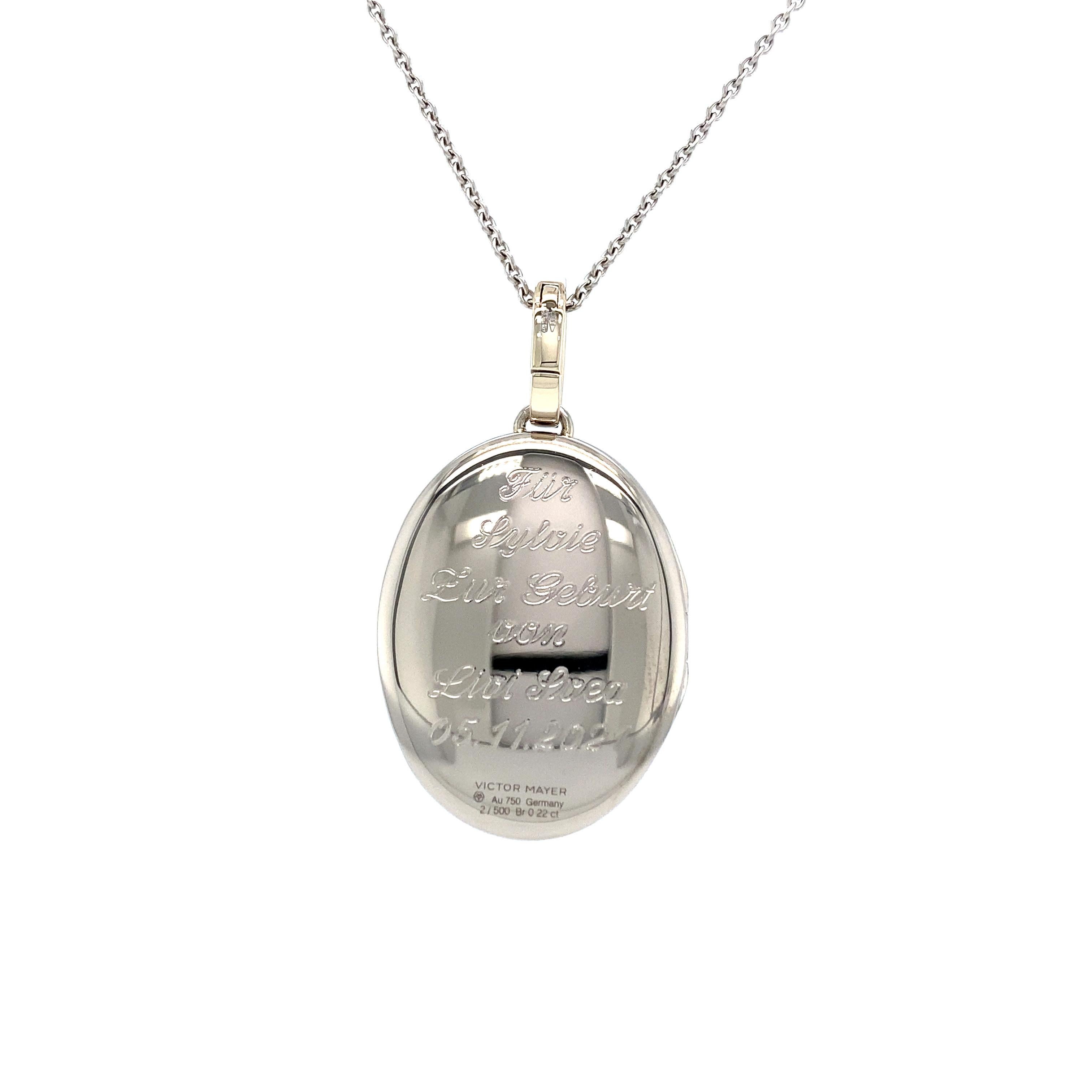 Brilliant Cut Oval Locket Pendant Necklace 18k White Gold Lilac Enamel Guilloche 13 Diamonds