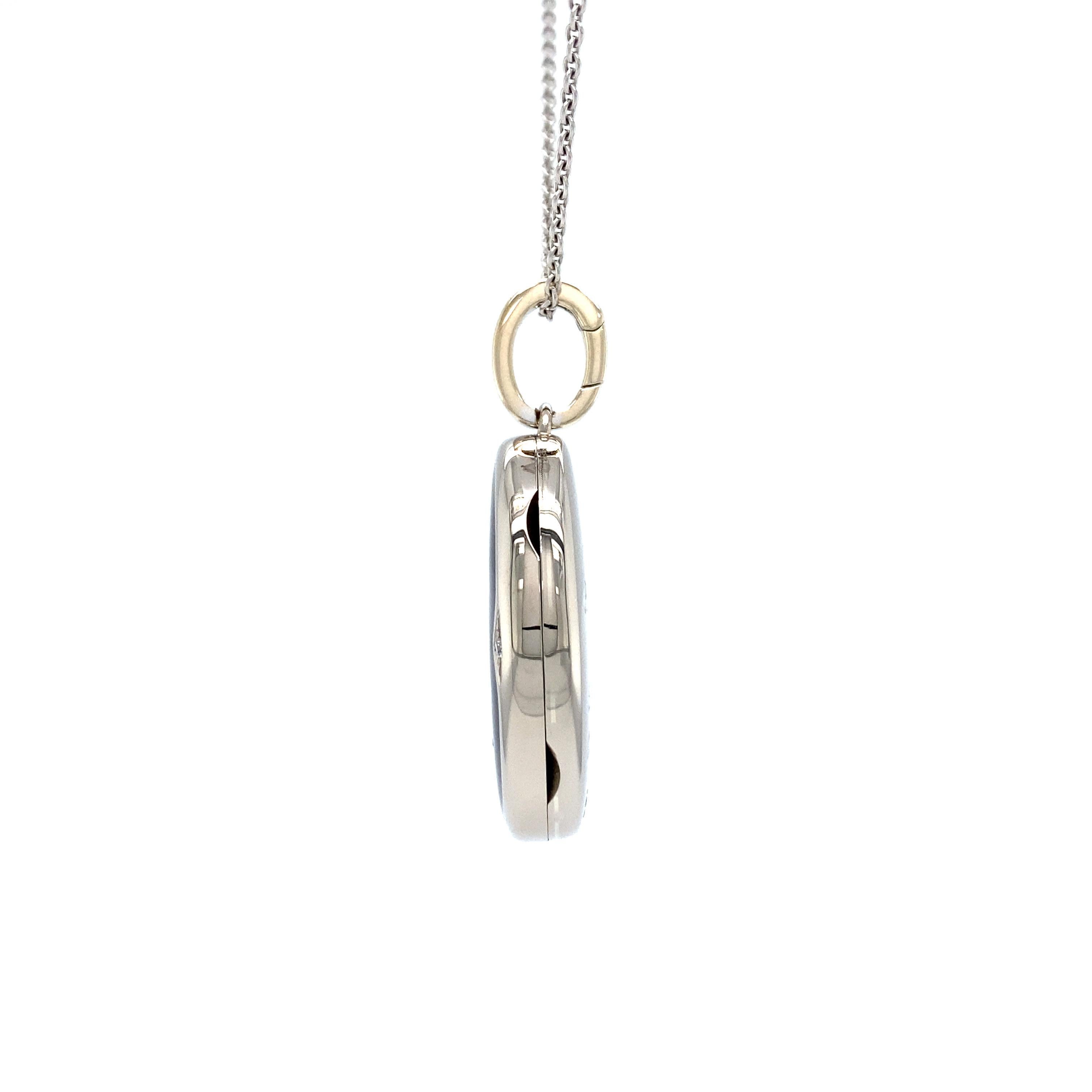 Women's Oval Locket Pendant Necklace 18k White Gold Lilac Enamel Guilloche 13 Diamonds