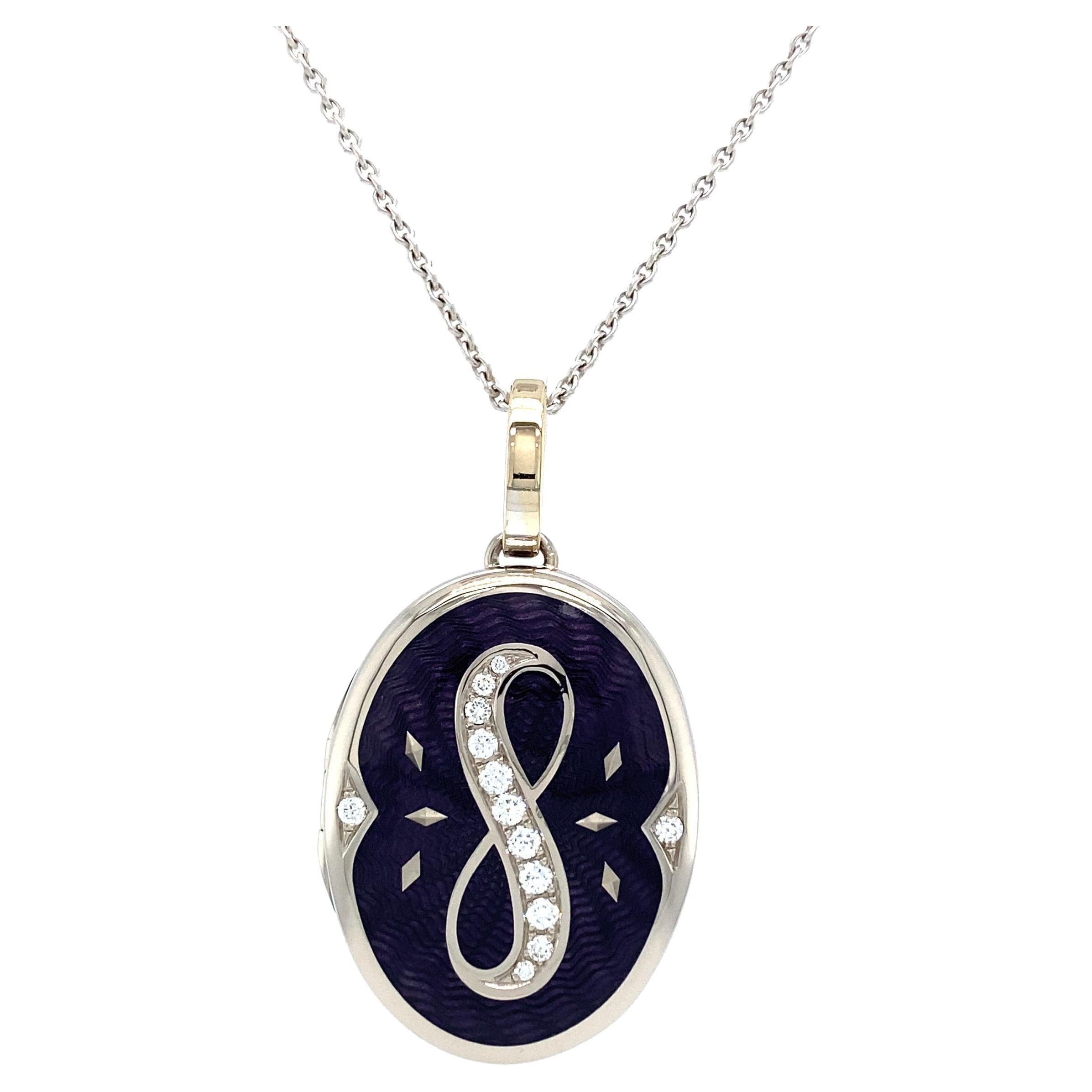 Oval Locket Pendant Necklace 18k White Gold Lilac Enamel Guilloche 13 Diamonds For Sale