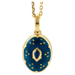 Oval Locket Pendant Necklace - 18k Yellow Gold - Blue Enamel - 1 Sapphire
