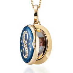 Oval Locket Pendant Necklace 18k Yellow Gold Blue Enamel 12 Diamonds 0.08 ct GVS