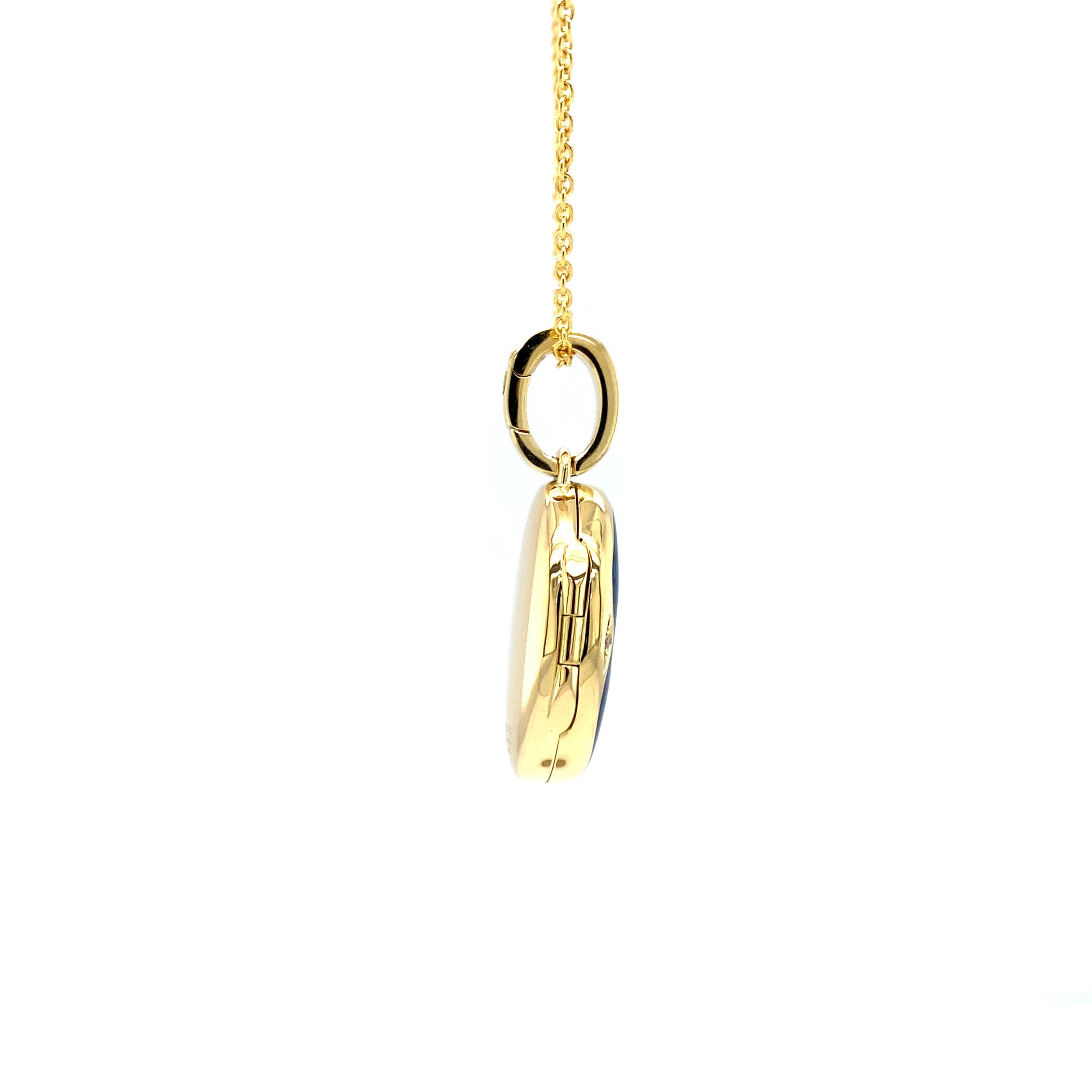Contemporary Oval Locket Pendant Necklace 18k Yellow Gold Blue Enamel 12 Diamonds 0.08 ct GVS For Sale