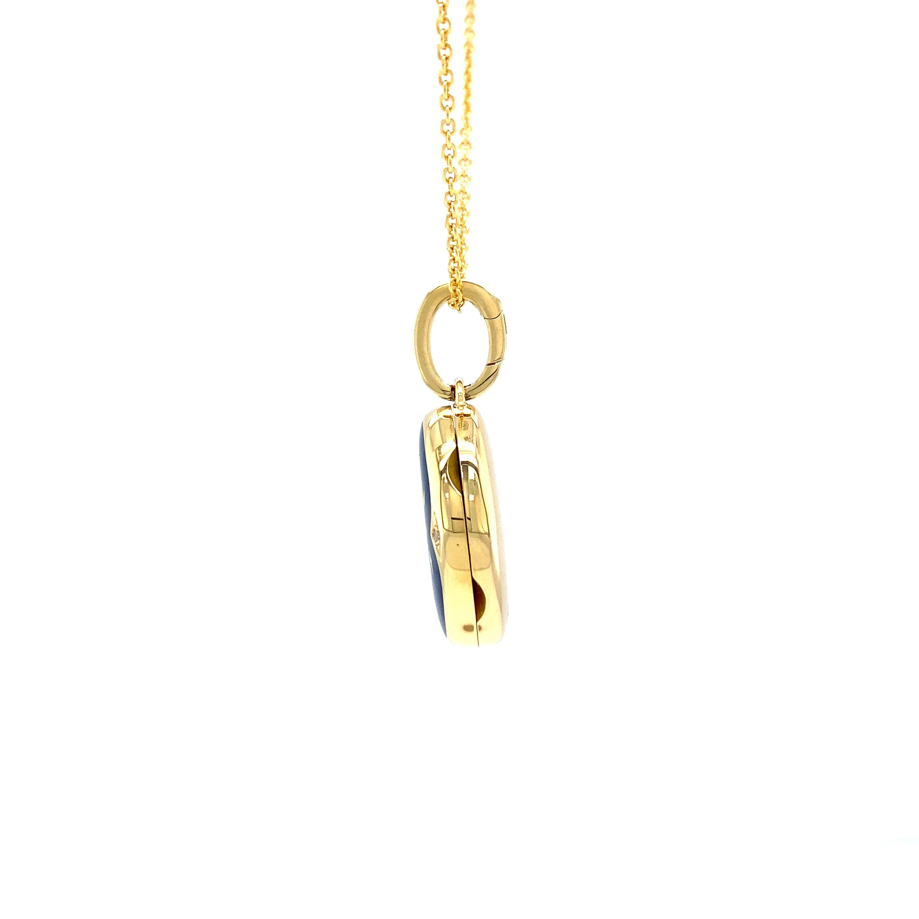 Oval Locket Pendant Necklace 18k Yellow Gold Blue Enamel 12 Diamonds 0.08 ct GVS In New Condition For Sale In Pforzheim, DE