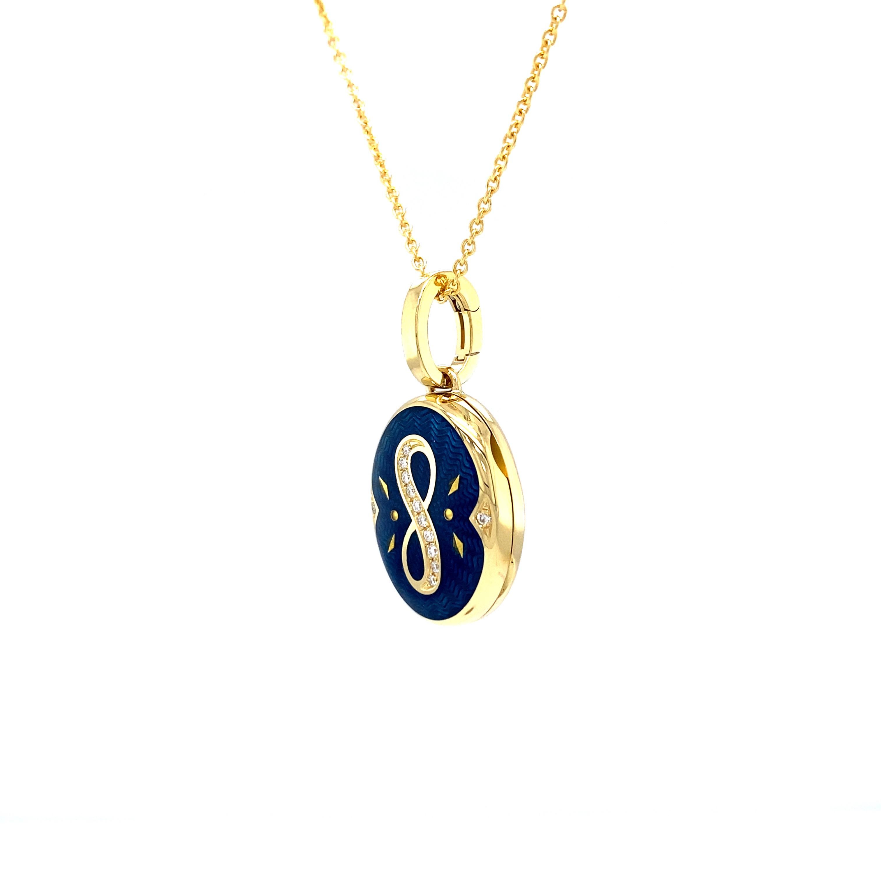 Women's Oval Locket Pendant Necklace 18k Yellow Gold Blue Enamel 12 Diamonds 0.08 ct GVS For Sale