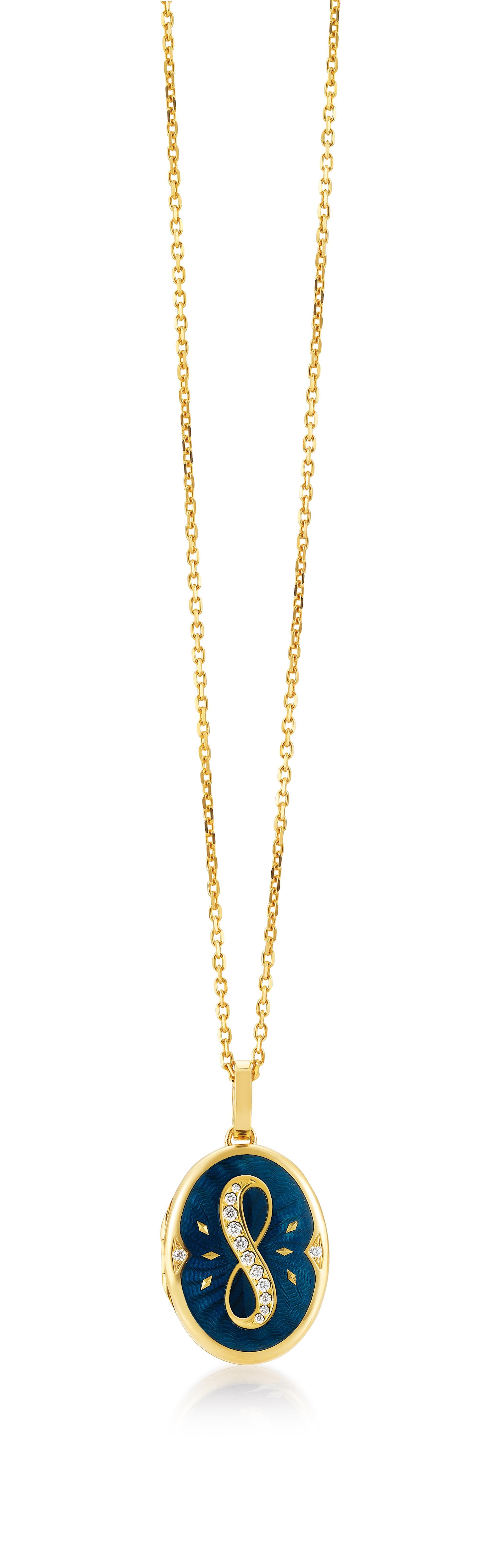 Oval Locket Pendant Necklace 18k Yellow Gold Blue Enamel 12 Diamonds 0.08 ct GVS For Sale 1