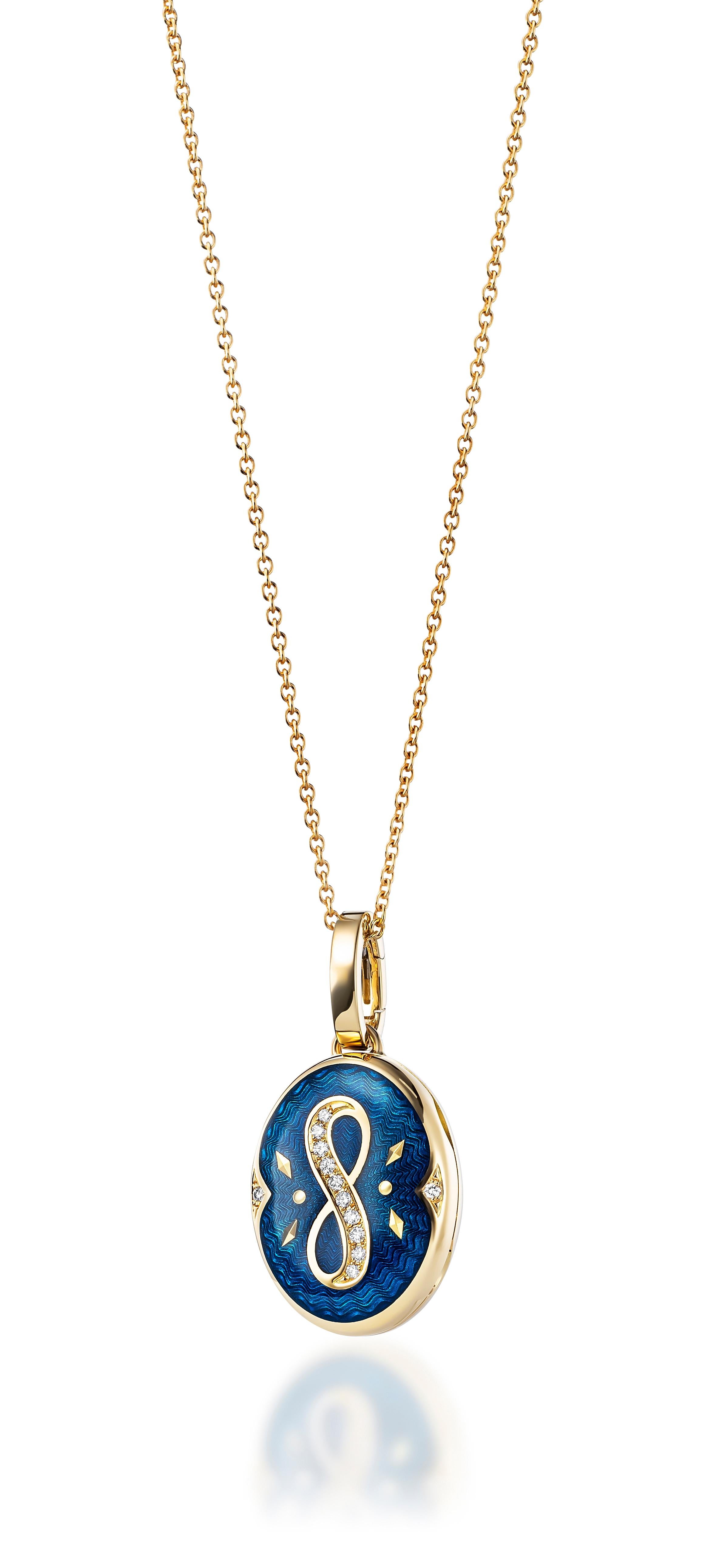 Oval Locket Pendant Necklace 18k Yellow Gold Blue Enamel 12 Diamonds 0.08 ct GVS For Sale 3