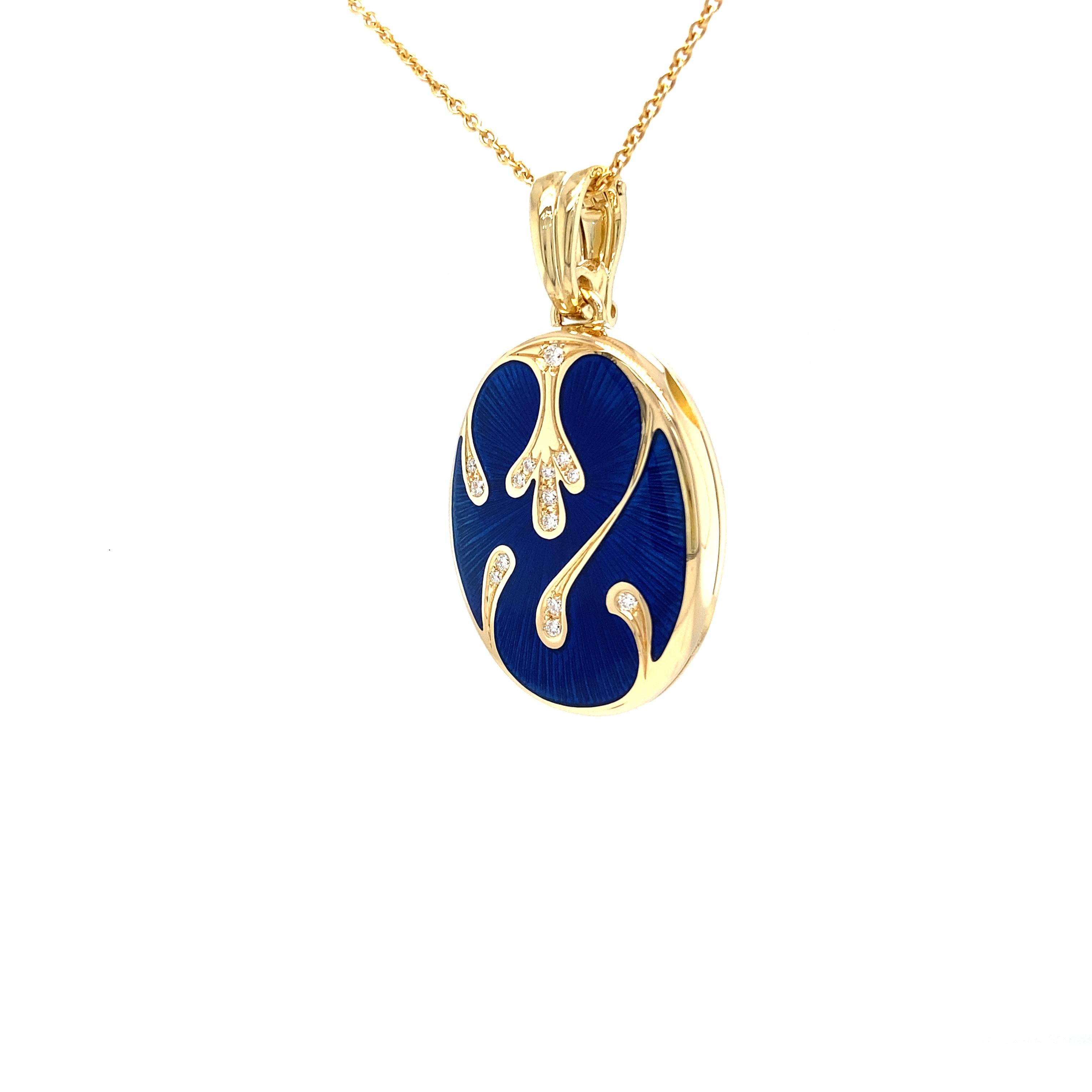 Victorian Oval Locket Pendant Necklace - 18k Yellow Gold - Blue Enamel 15 Diamonds 0.16 ct For Sale