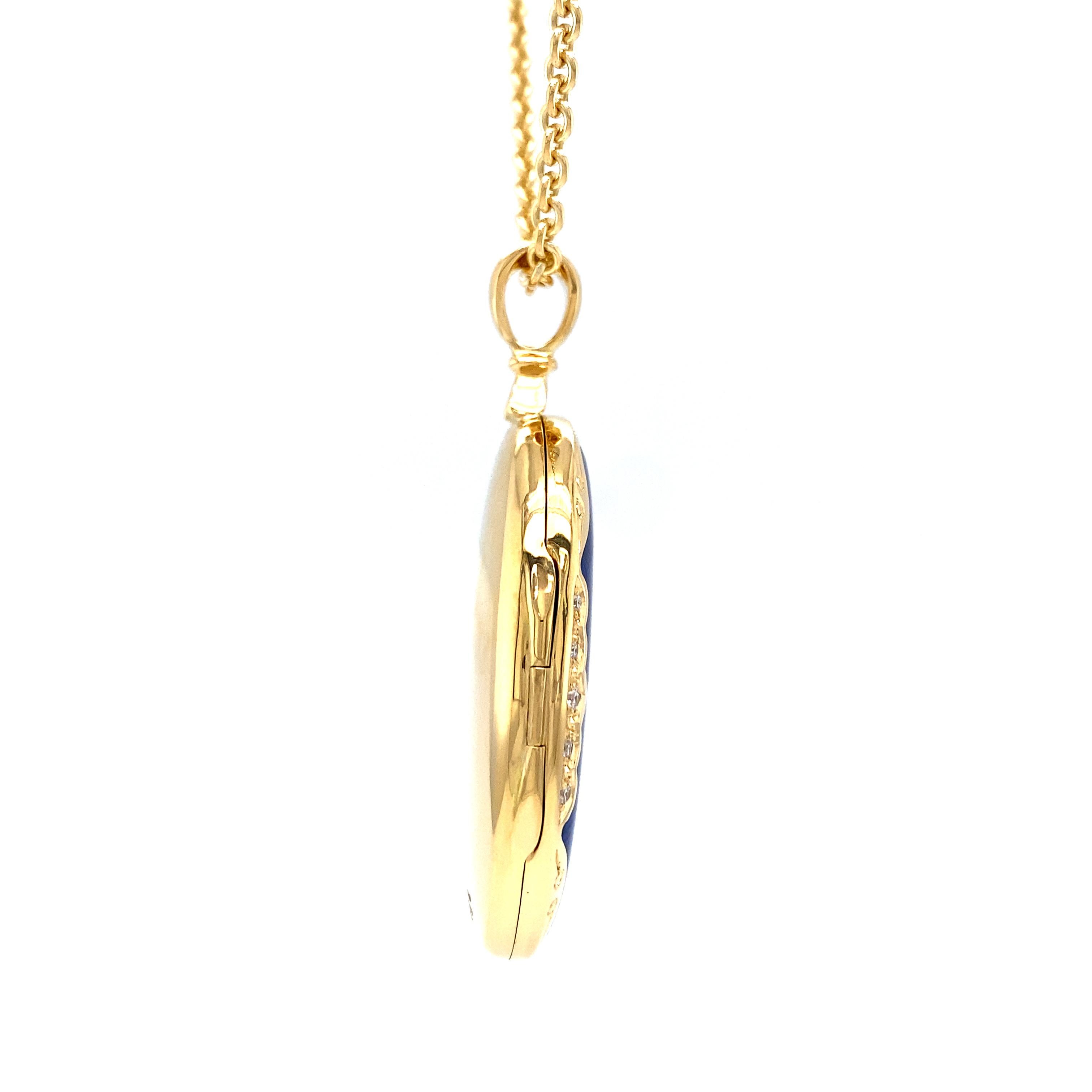 Women's Oval Locket Pendant Necklace 18k Yellow Gold Blue Enamel 25 Diamonds 0.19 Carat For Sale