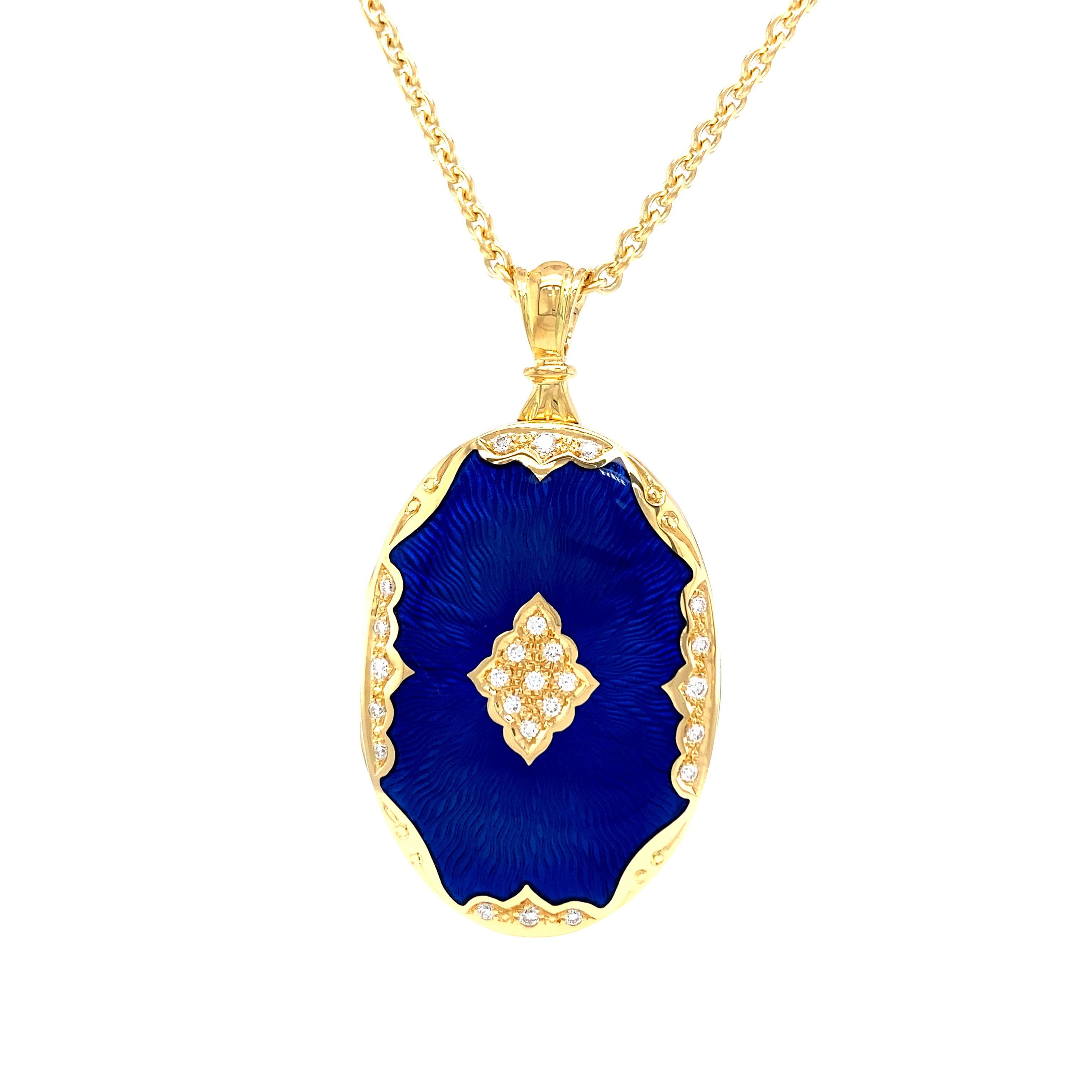 Brilliant Cut Oval Locket Pendant Necklace 18k Yellow Gold Blue Enamel 25 Diamonds 0.19 Carat For Sale