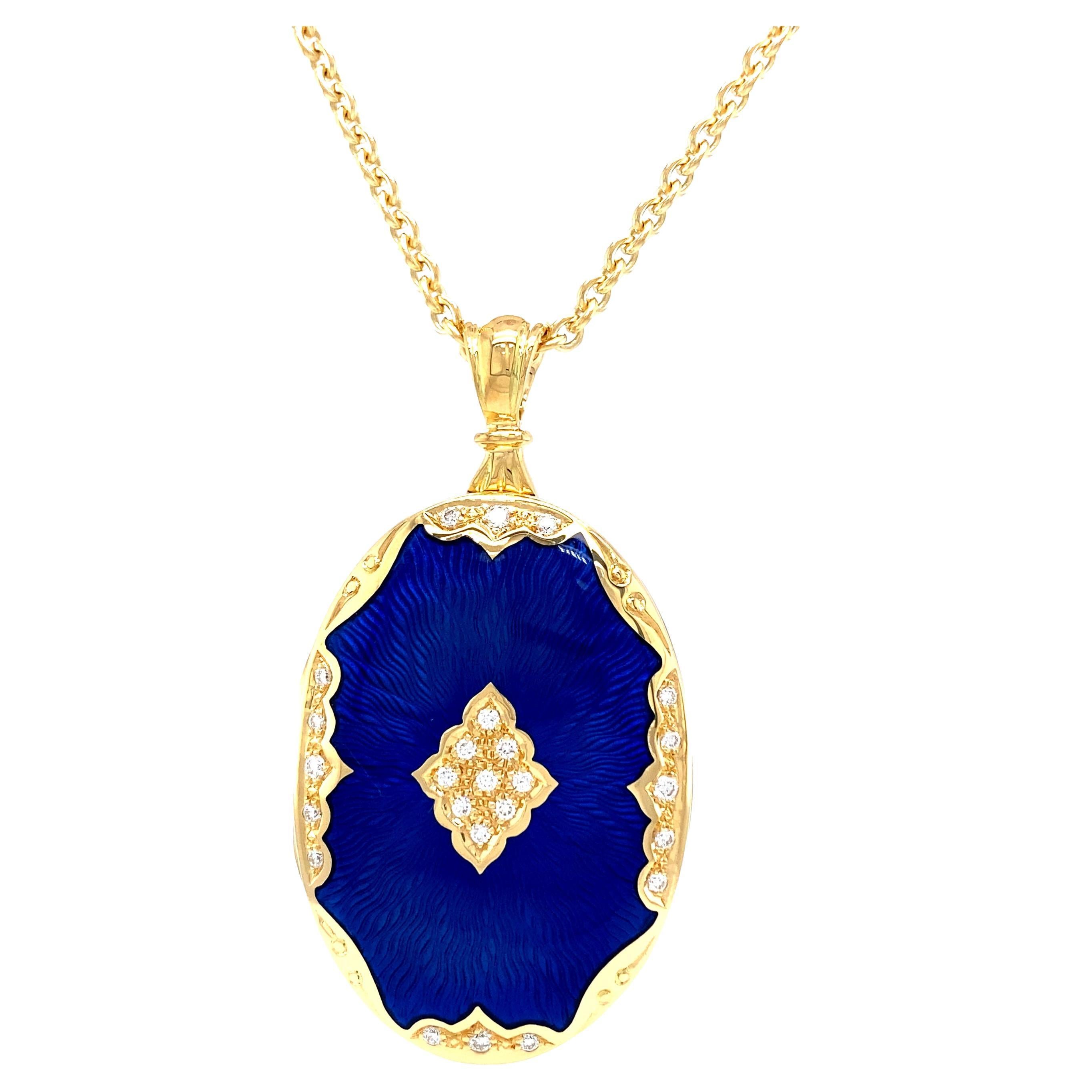 Collier pendentif médaillon ovale en or jaune 18 carats, émail bleu et 25 diamants 0,19 carat Neuf - En vente à Pforzheim, DE