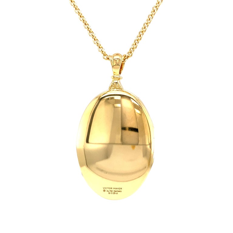 Oval Locket Pendant Necklace 18k Yellow Gold Blue Enamel 25 Diamonds 0.