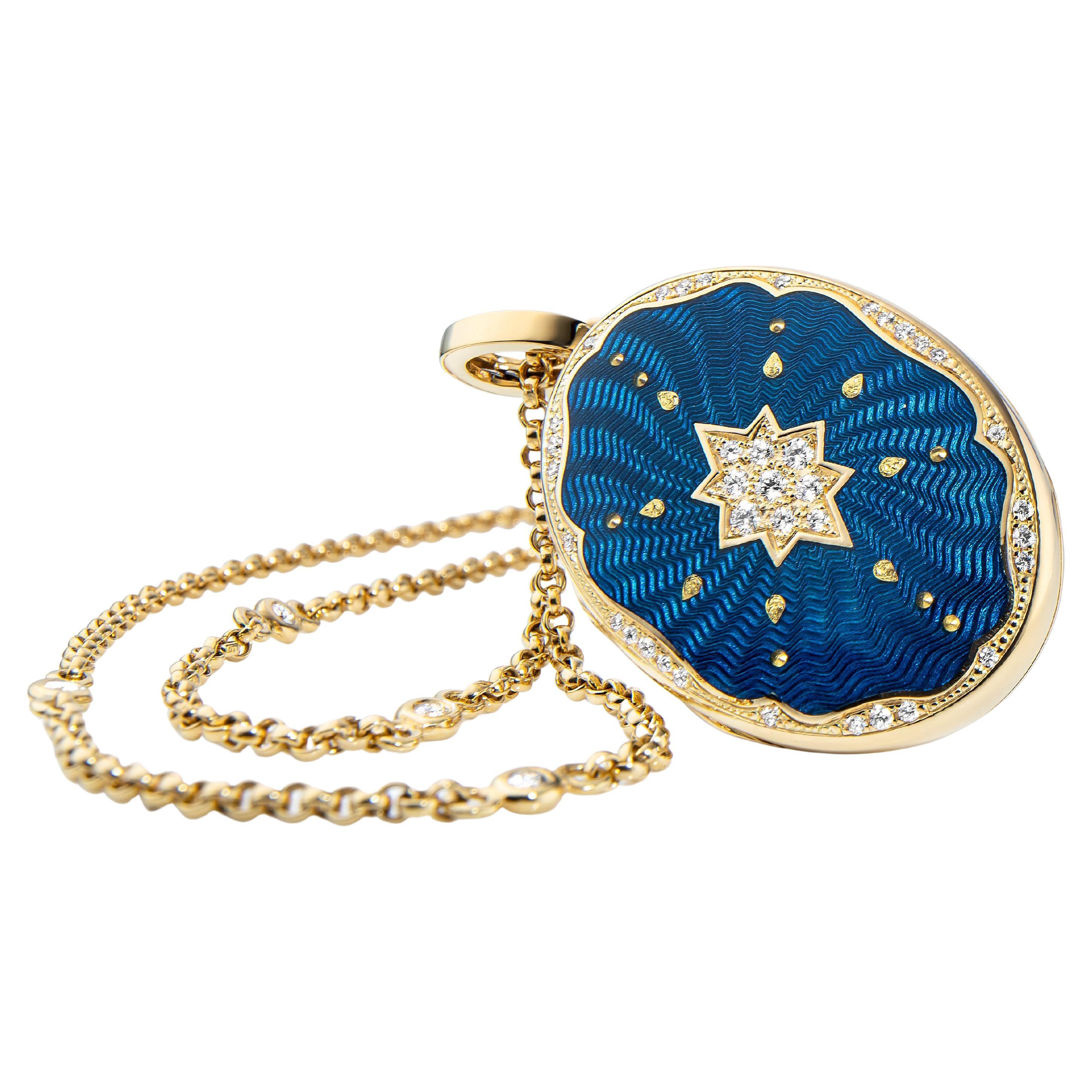 Victor Mayer oval pendant locket necklace 18k yellow gold, Victoria collection, peacock blue vitreous enamel, gold paillons, 37 diamonds, total 0.29 ct, G VS, brilliant cut, measurements app. 25 mm x 35 mm

About the creator Victor Mayer
Victor