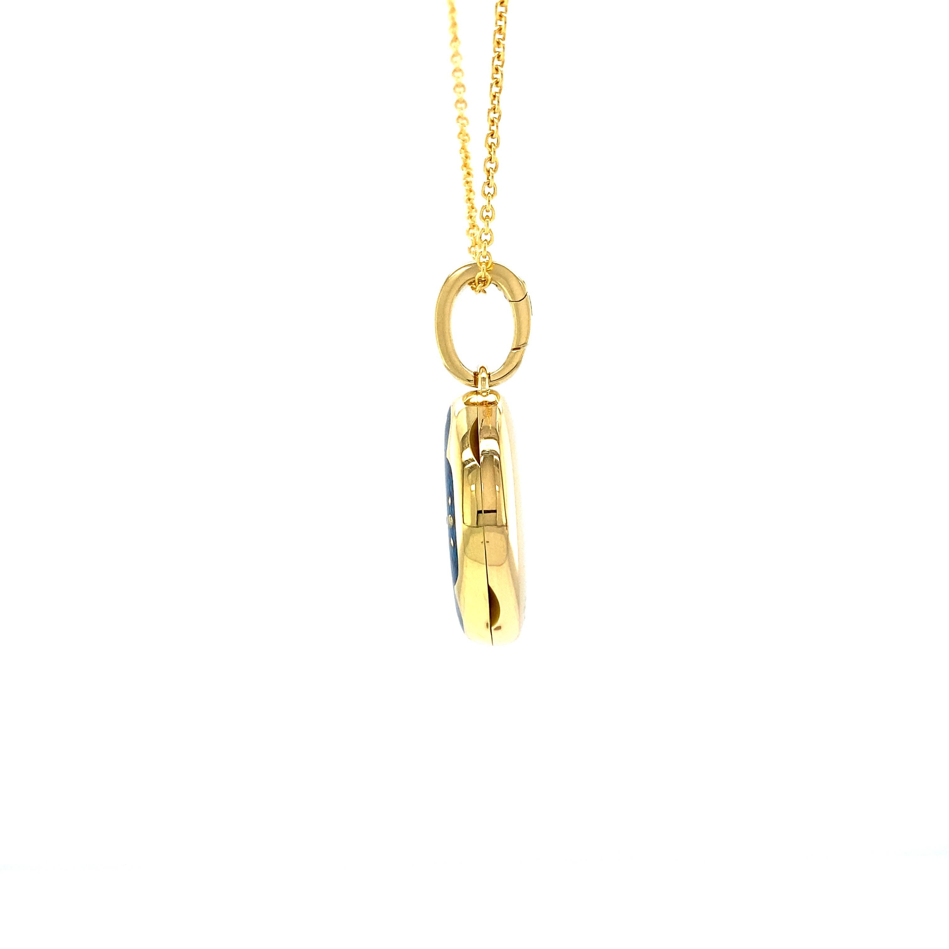 Oval Locket Pendant Necklace 18k Yellow Gold Blue Enamel 9 Diamonds 0.07 ct G VS In New Condition For Sale In Pforzheim, DE