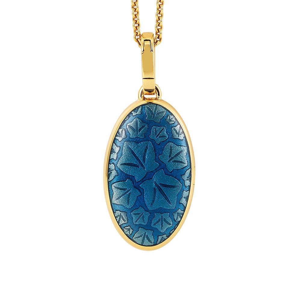 Contemporain Collier pendentif médaillon ovale en or jaune 18 carats, émail bleu vitreous et 43 diamants en vente