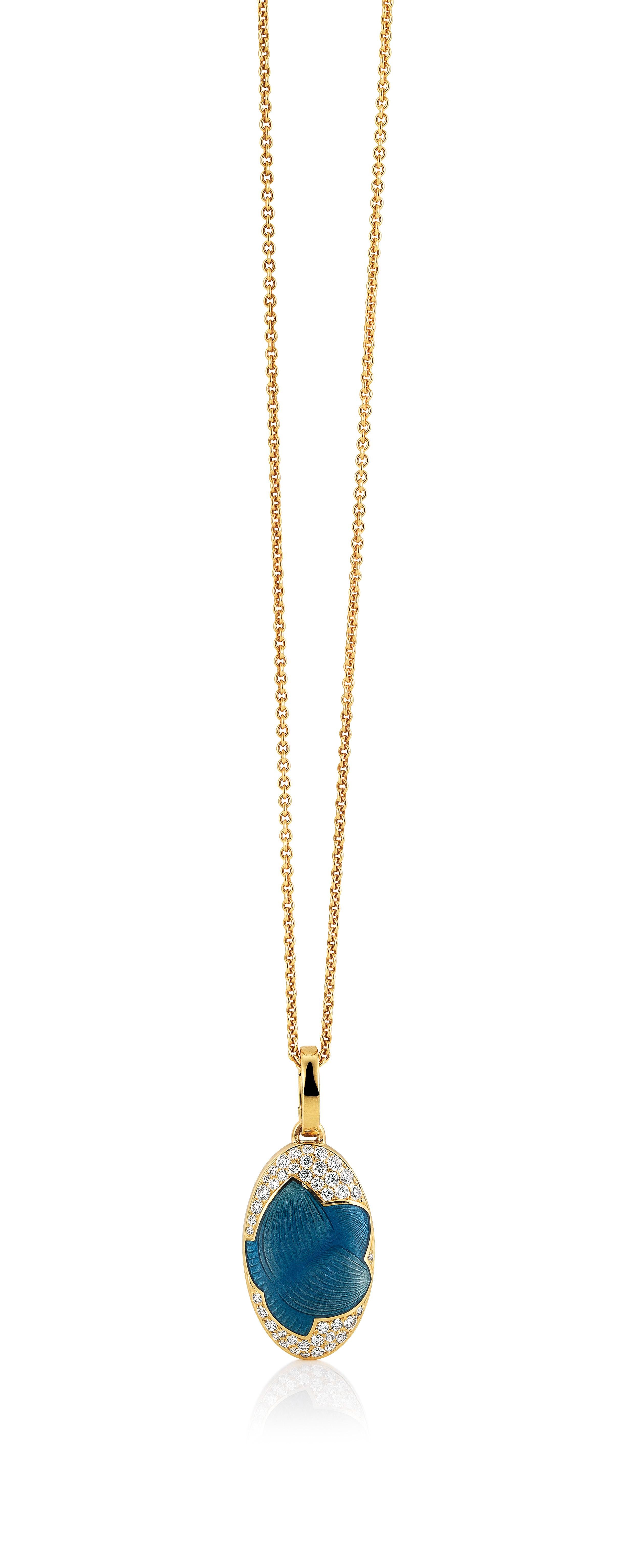 Brilliant Cut Oval Locket Pendant Necklace- 18k Yellow Gold - Blue Vitreous Enamel 43 Diamonds For Sale