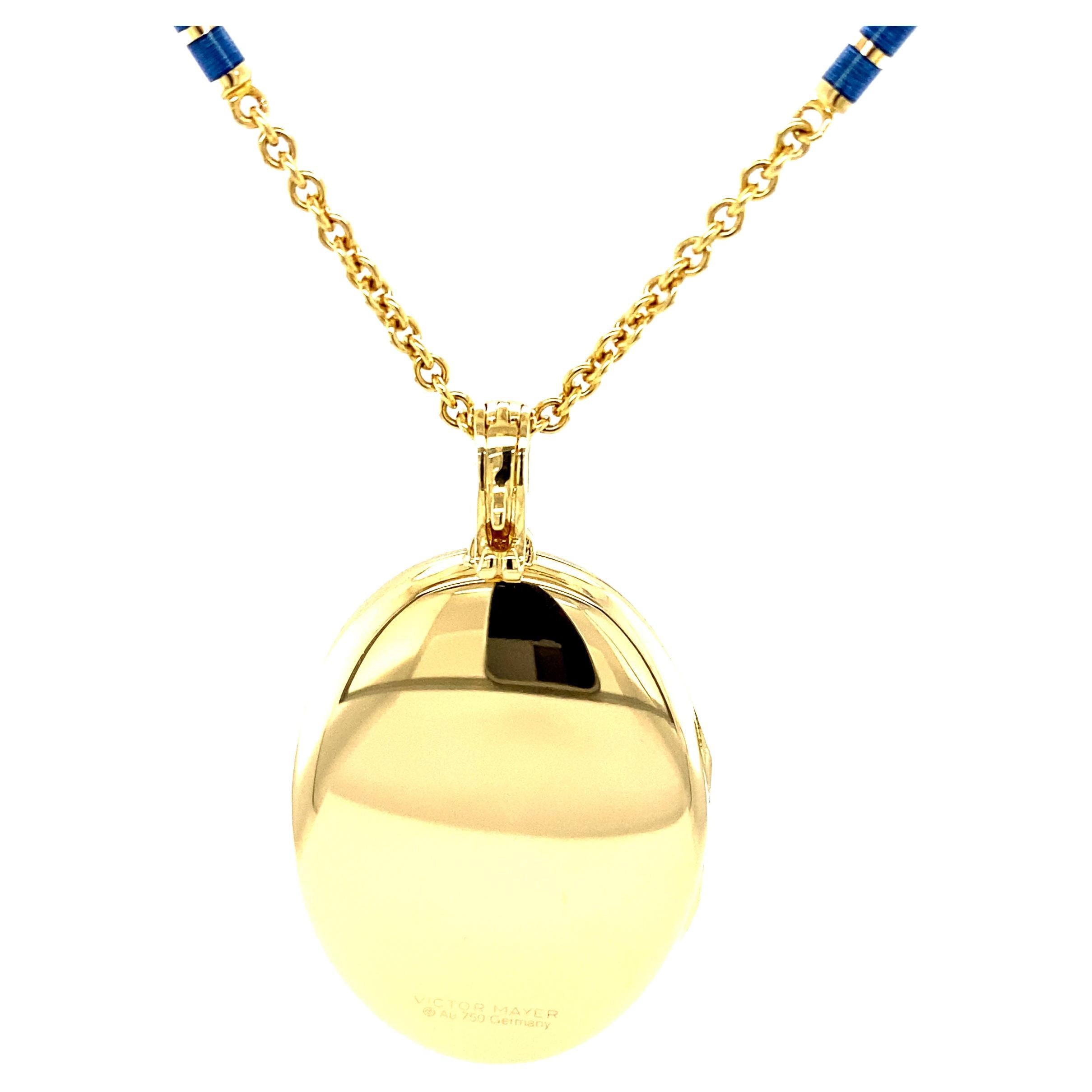 Oval Locket Pendant Necklace and Enamel Link Chain 18k Yellow Gold For Sale