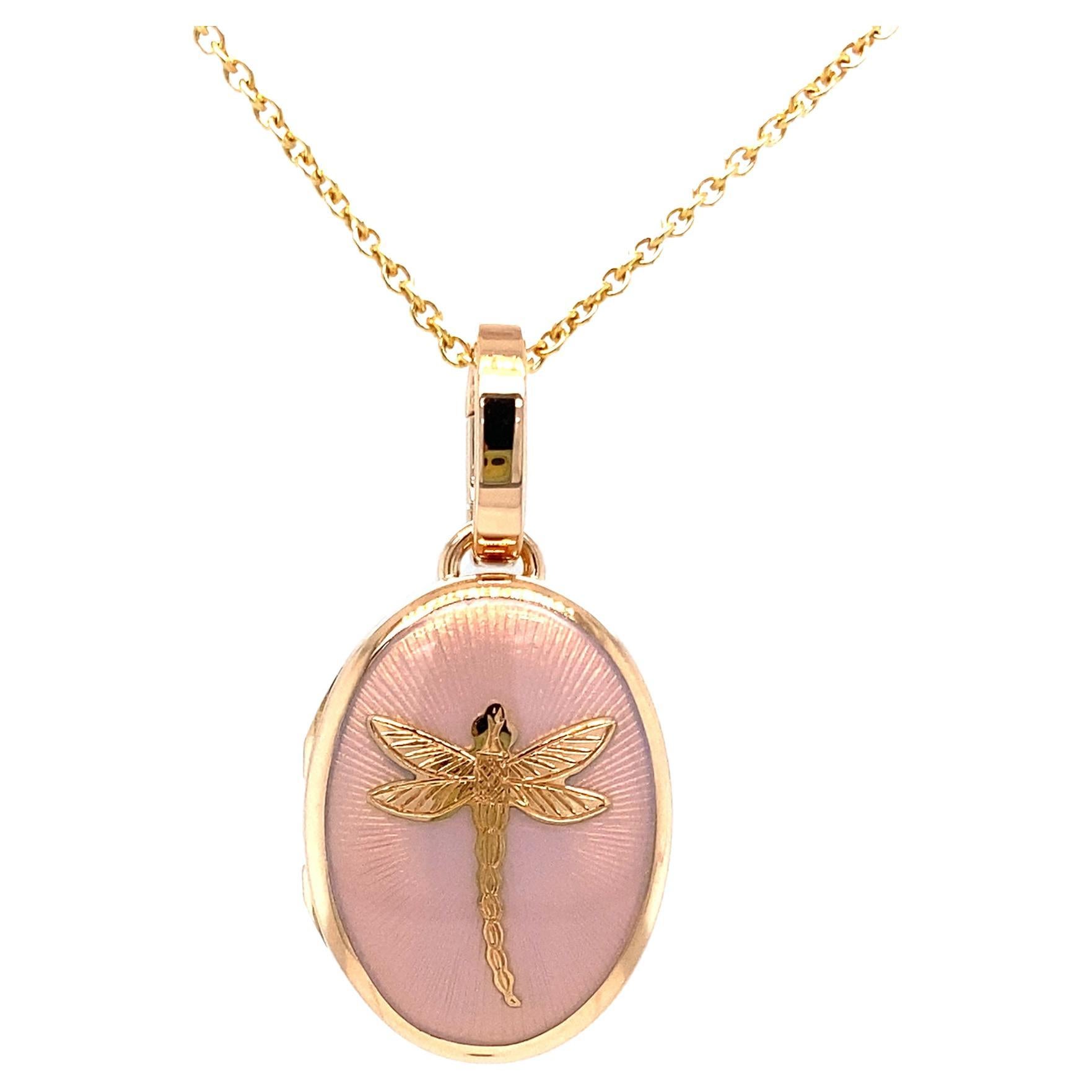 Oval Locket Pendant Necklace Dragonfly - 18k Rose Gold - Opalescent Pink Enamel