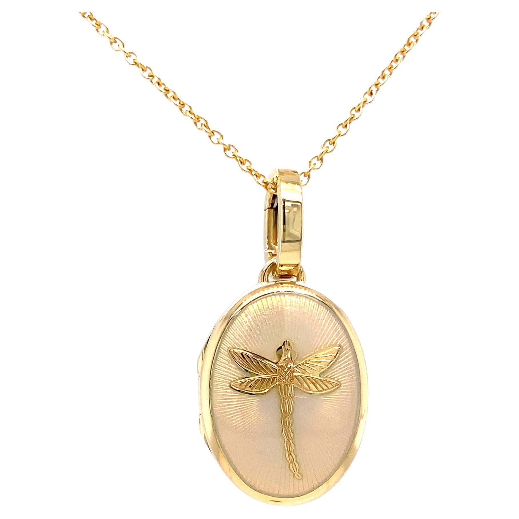 Oval Locket Pendant Necklace Dragonfly 18k Yellow Gold White Guilloche Enamel For Sale