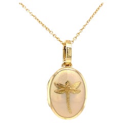 Oval Locket Pendant Necklace Dragonfly 18k Yellow Gold White Guilloche Enamel