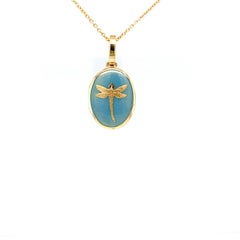 Oval Locket Pendant Necklace Dragonfly 18k Yellow Gold Turquoise Enamel