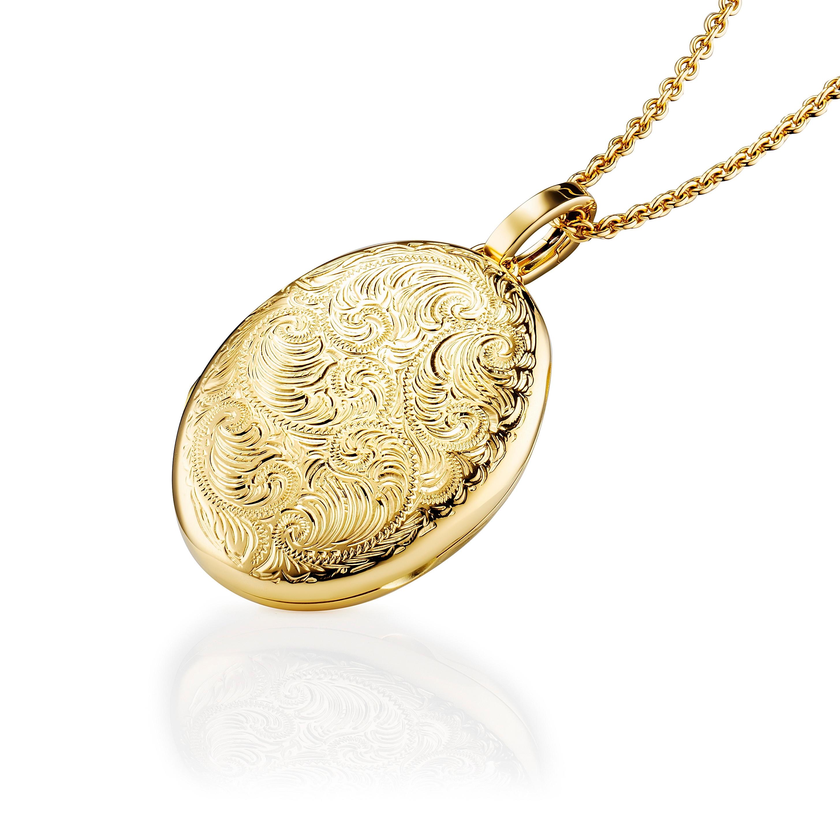 Victor Mayer oval locket pendant necklace, 18k yellow gold, Hallmark Collection, scroll engraving by hand, measurements app. 23.0 mm x 32.0 mm

About the creator Victor Mayer
Victor Mayer is internationally renowned for elegant timeless designs and