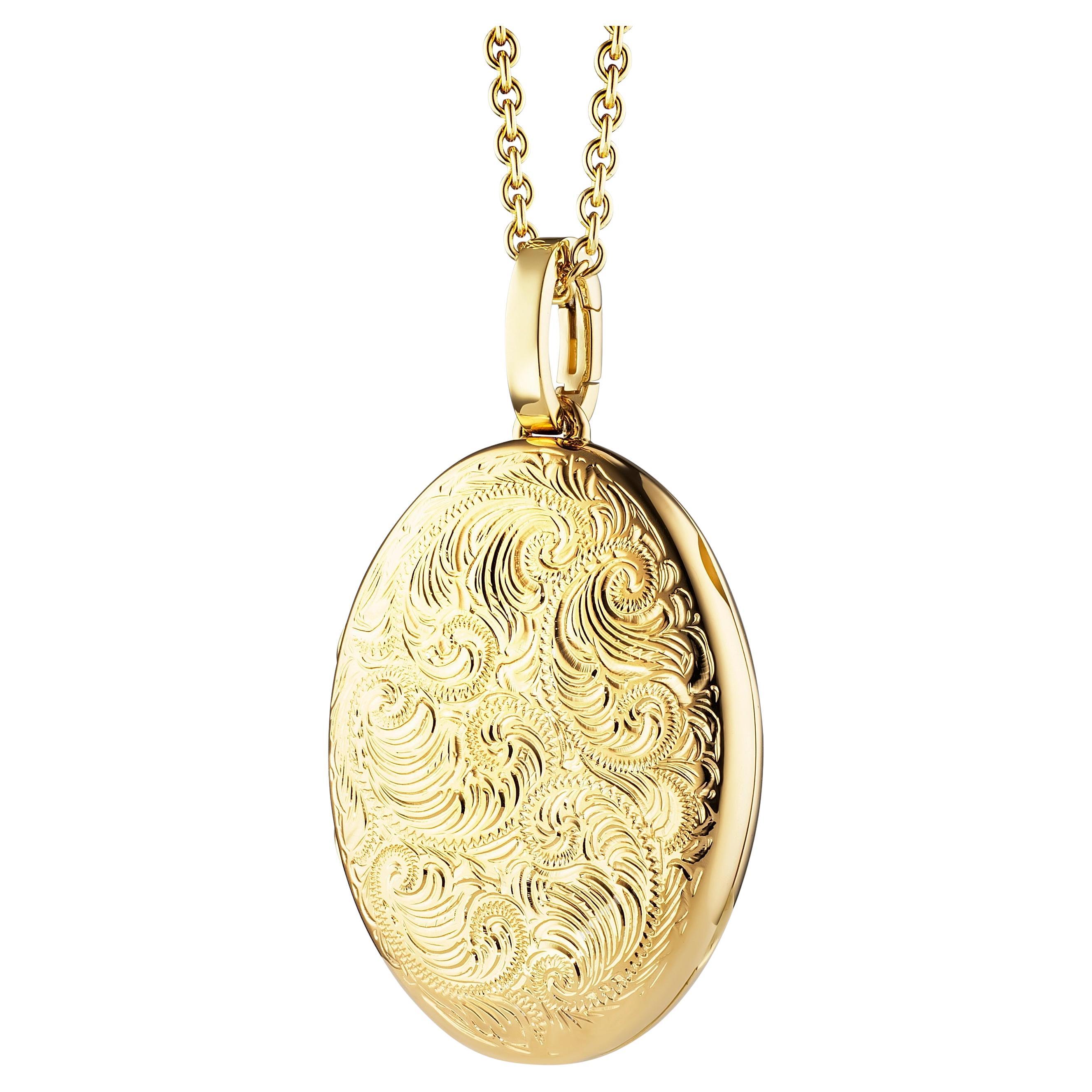 Oval Locket Pendant Necklace Scroll Engraving 18k Yellow Gold 23.0 x 32.0 mm