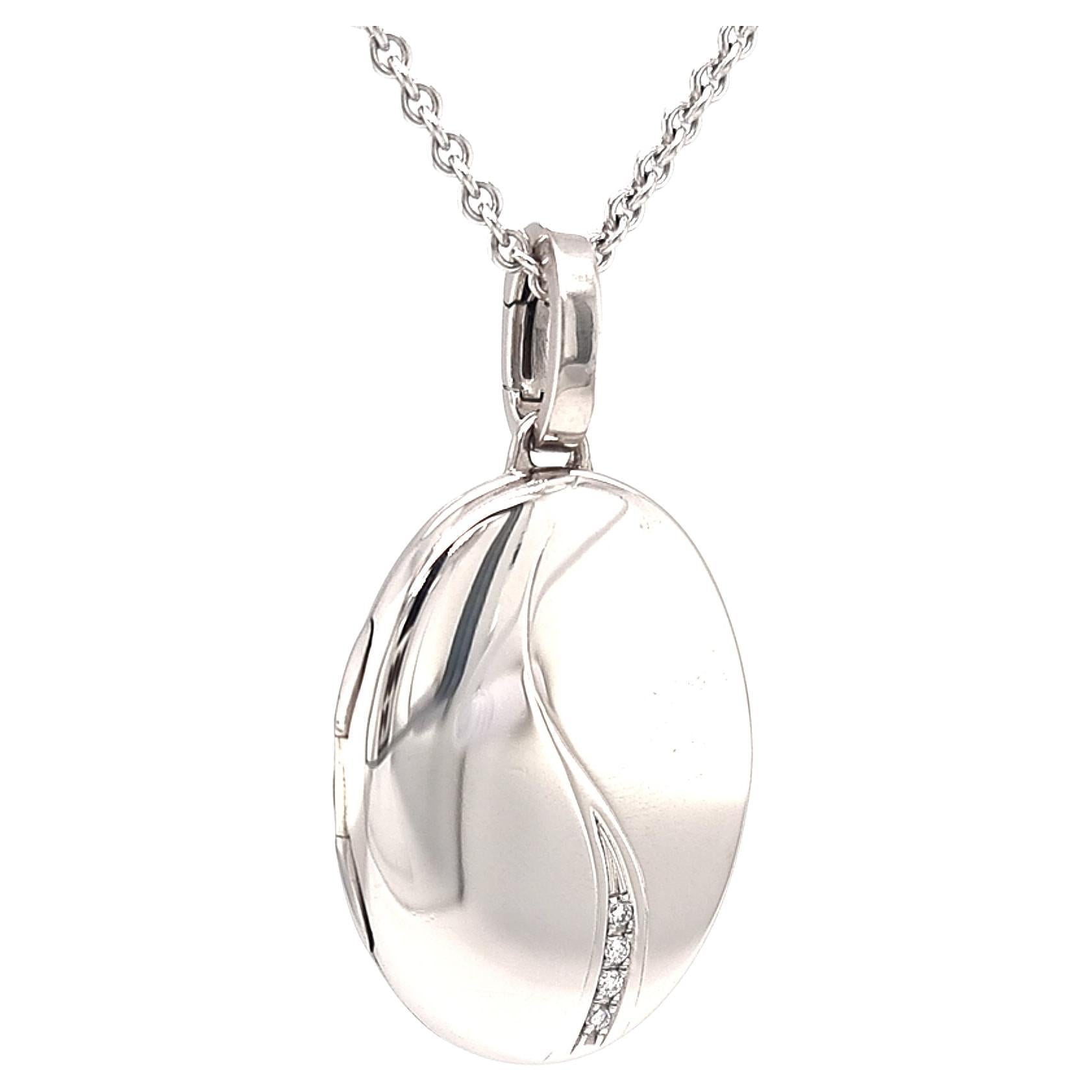 Oval Locket Pendant Necklace Solid 18k White Gold 4 Diamonds 0.04 Carat H VS