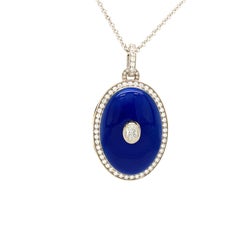 Oval Locket Pendant Necklace White Gold Blue Guilloche Enamel 65 Diamonds