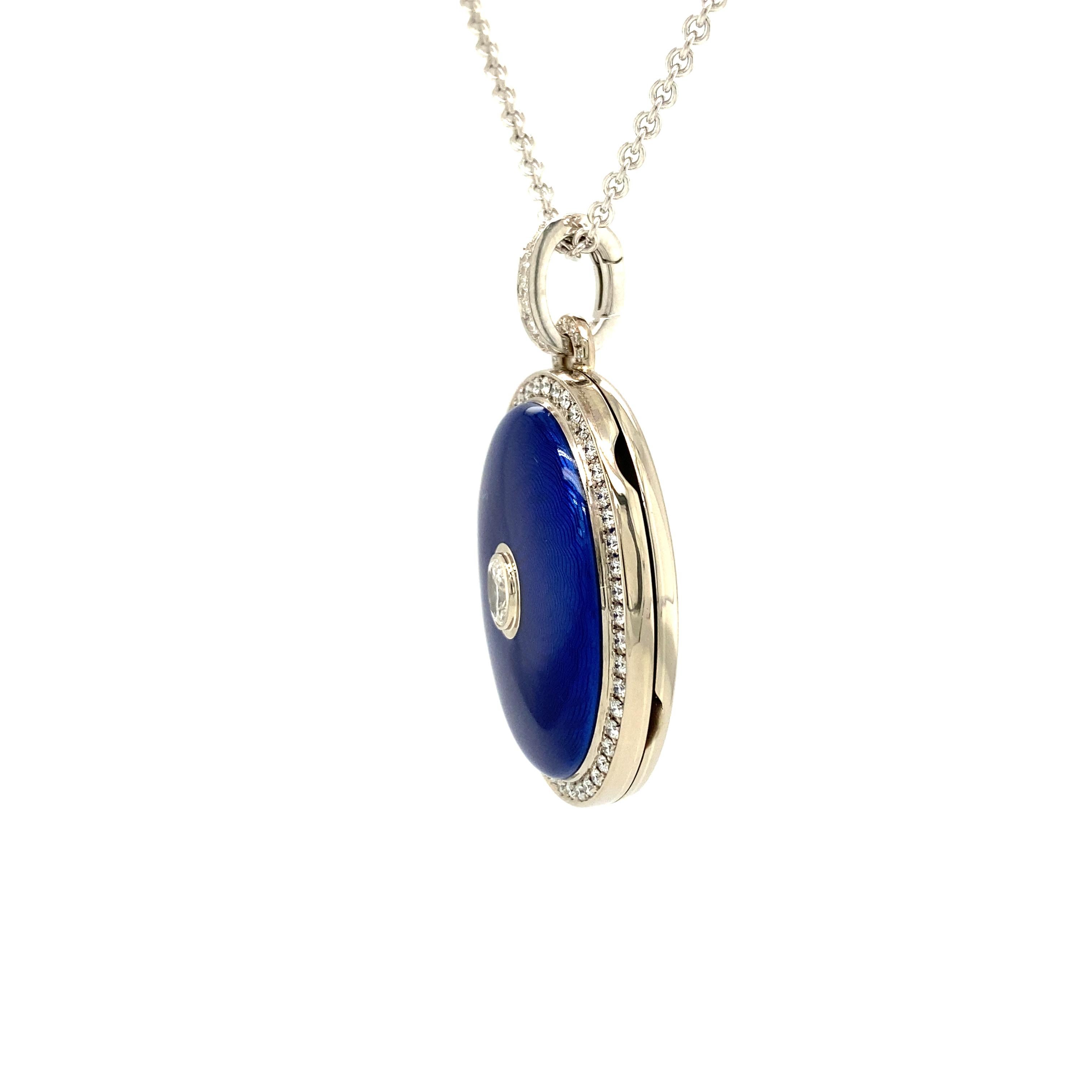 Art Deco Oval Locket Pendant Necklace White Gold Blue Guilloche Enamel 65 Diamonds For Sale