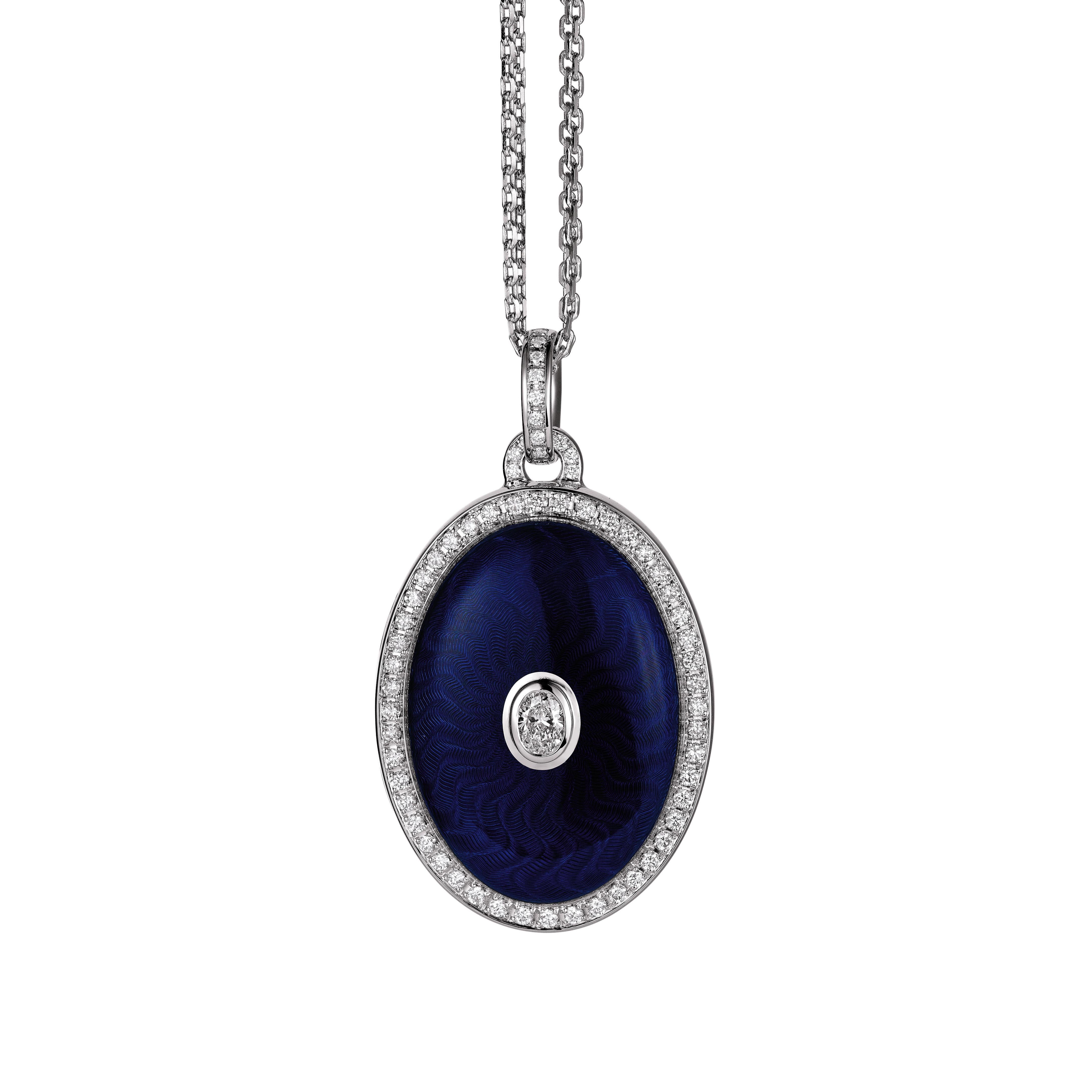 Brilliant Cut Oval Locket Pendant Necklace White Gold Blue Guilloche Enamel 65 Diamonds For Sale