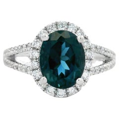 Oval London Blue Topaz and Diamond Halo Ring, 2.35ct in 14K White Gold Size 7