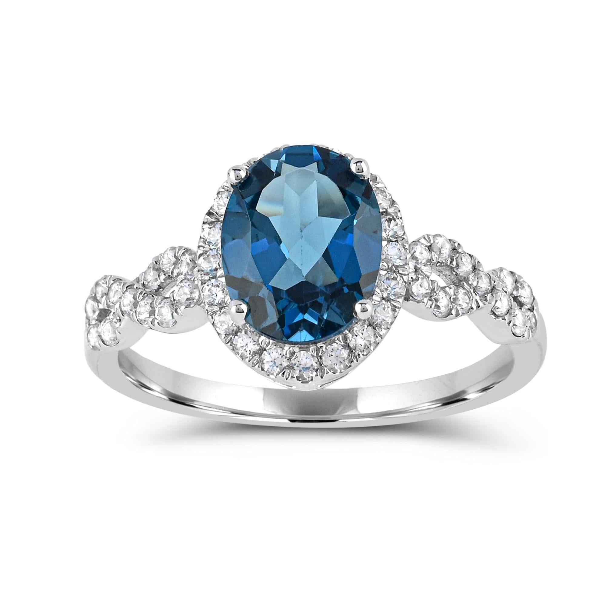 With this blissful blue, this infinity ring looks so amazing. This ring features 9x7 mm Oval shape London Blue topaz with White Zircon accents set in 10K White Gold.  This ring is size 7.0.

For jewelry care, gently clean by rinsing in warm water