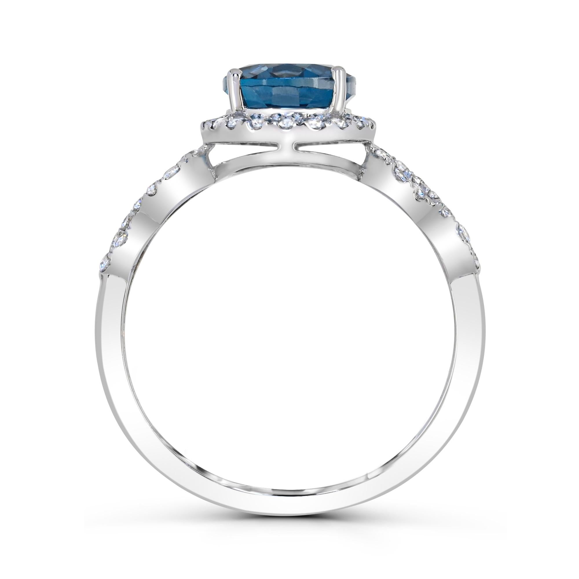 Oval Cut Oval London Blue Topaz with White Zircon Halo infinity ring in 10K White Gold For Sale