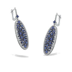 Oval Long Dangle Earrings with Blue Sapphires 5.30ct & Diamonds 18Kt White Gold