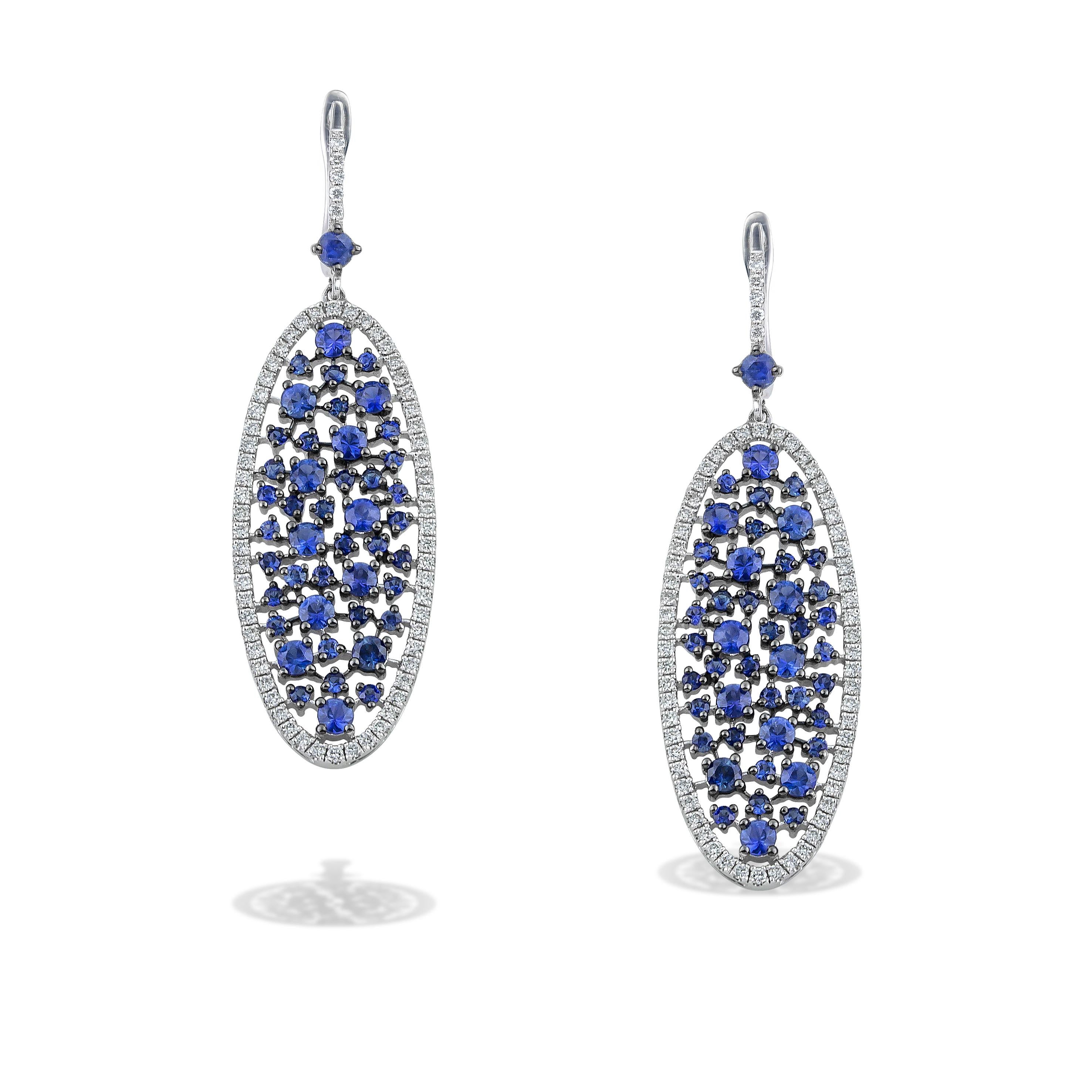 Modern Oval Long Dangle Earrings with Blue Sapphires 5.30ct & Diamonds 18Kt White Gold For Sale