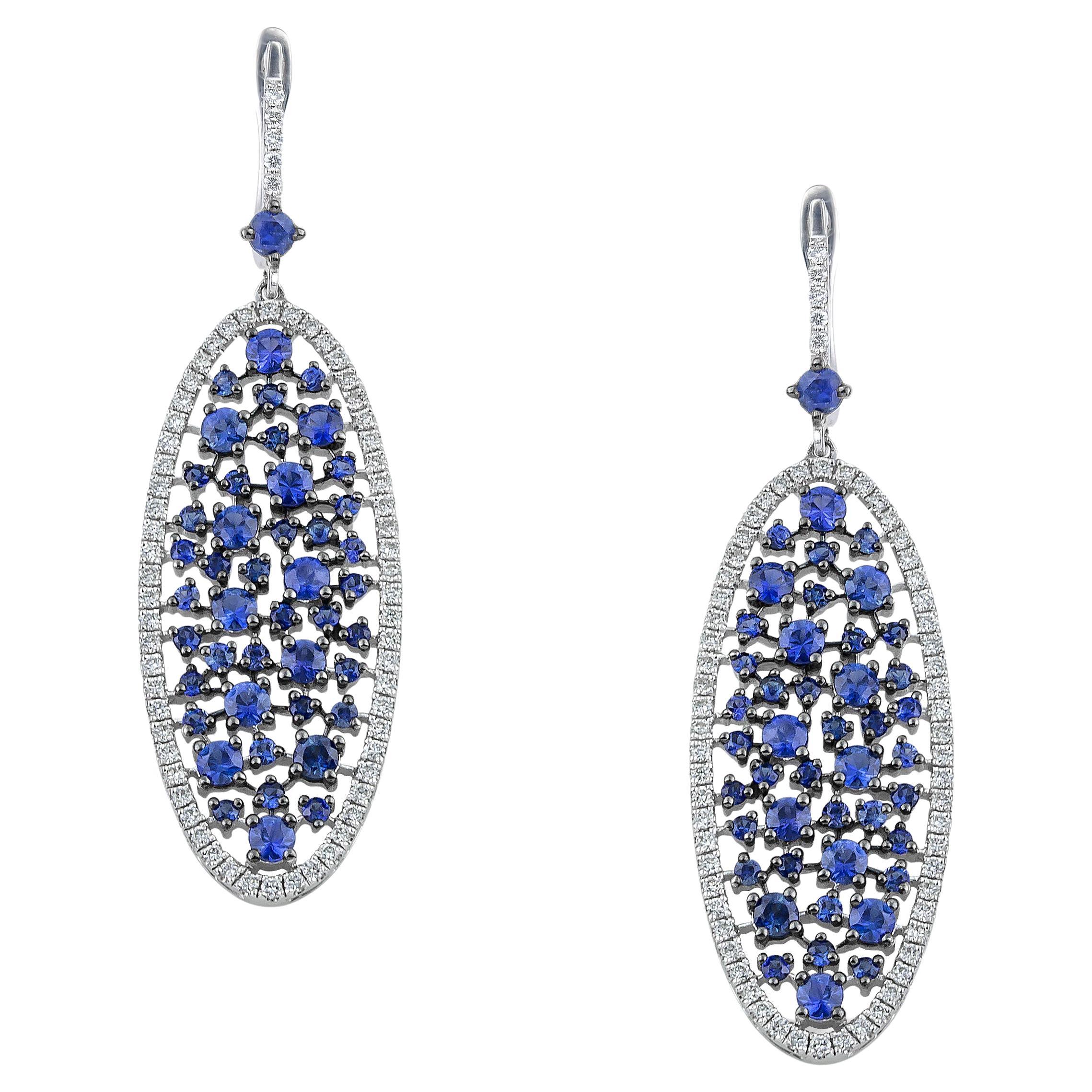 Oval Long Dangle Earrings with Blue Sapphires 5.30ct & Diamonds 18Kt White Gold For Sale