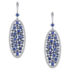 Oval Long Dangle Earrings with Blue Sapphires 5.30ct & Diamonds 18Kt White Gold