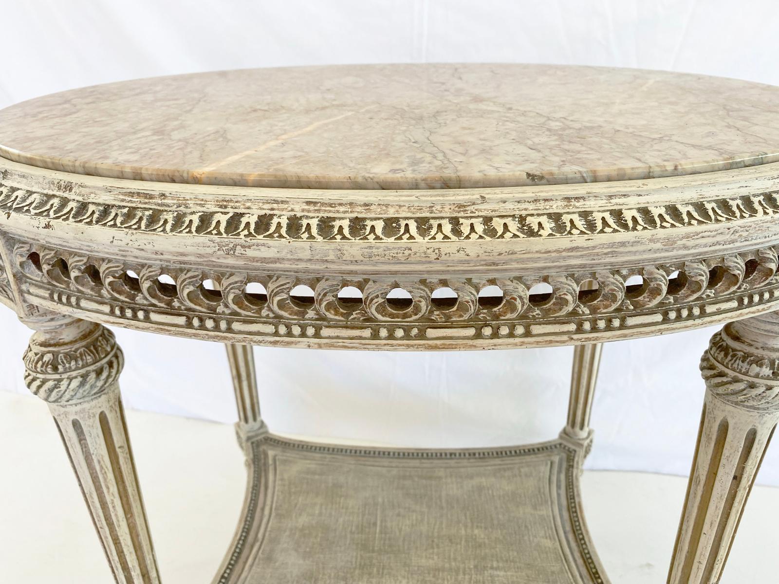 Hand-Carved Oval Louis XVI Style Occasional Table with Marble Top