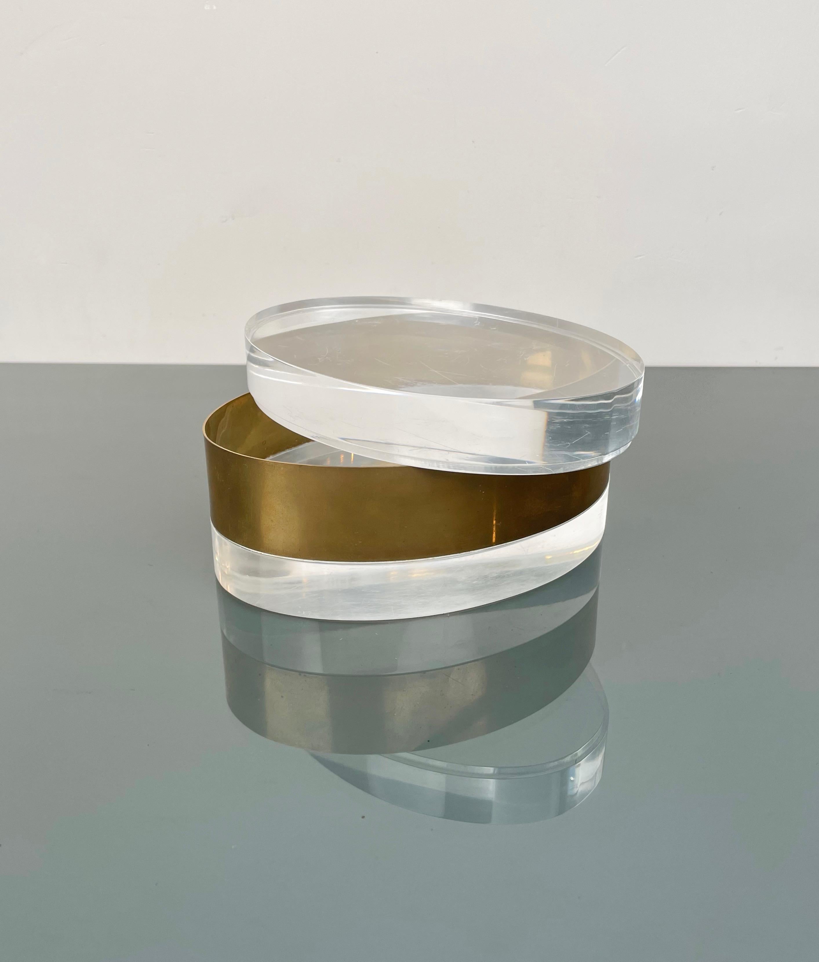 Late 20th Century Oval Lucite and Brass Decorative Box, Italy, 1970s For Sale