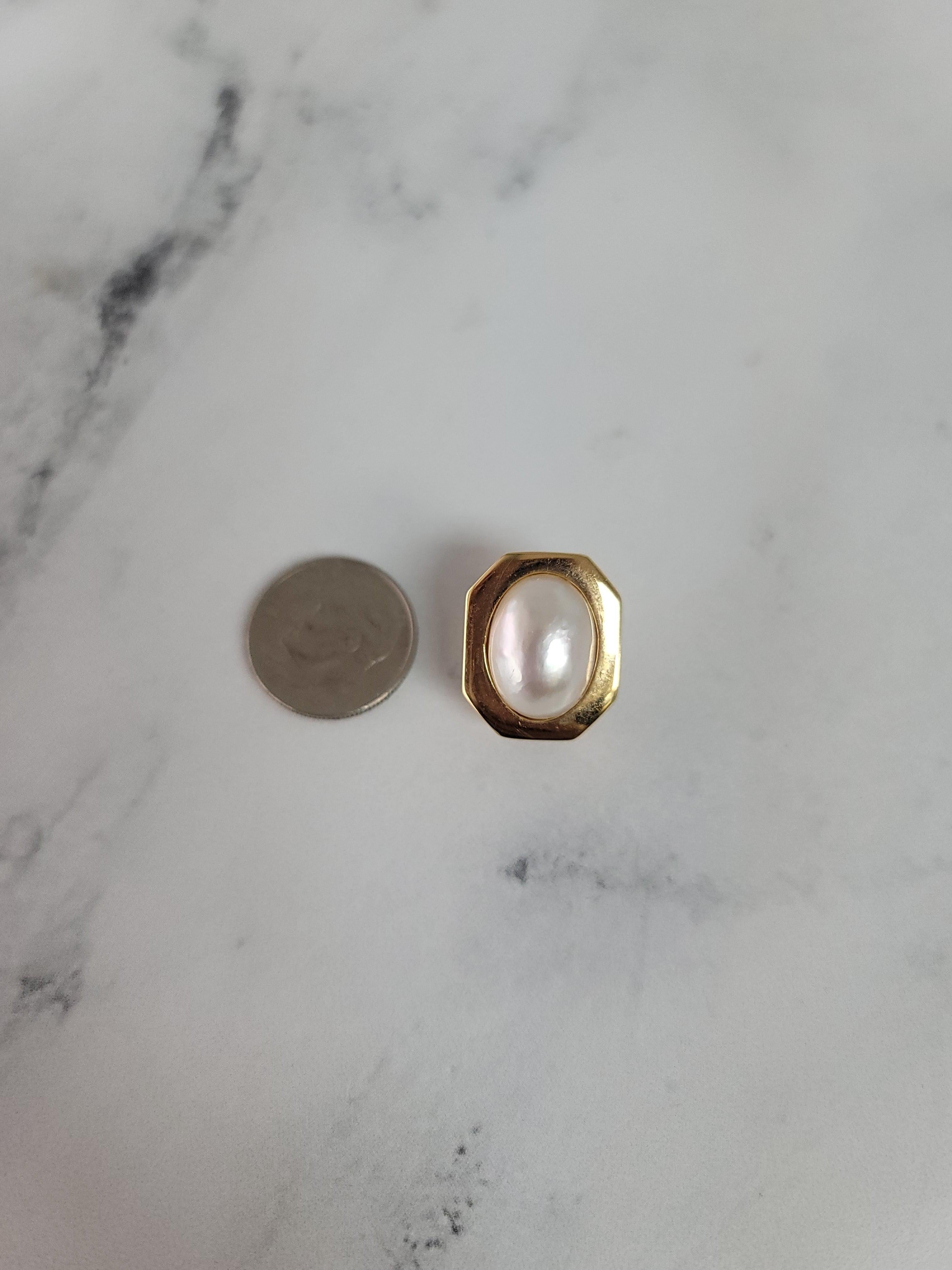 Oval Cut Oval Mabe Pearl Earrings with Polished Hexagon Bezel For Sale