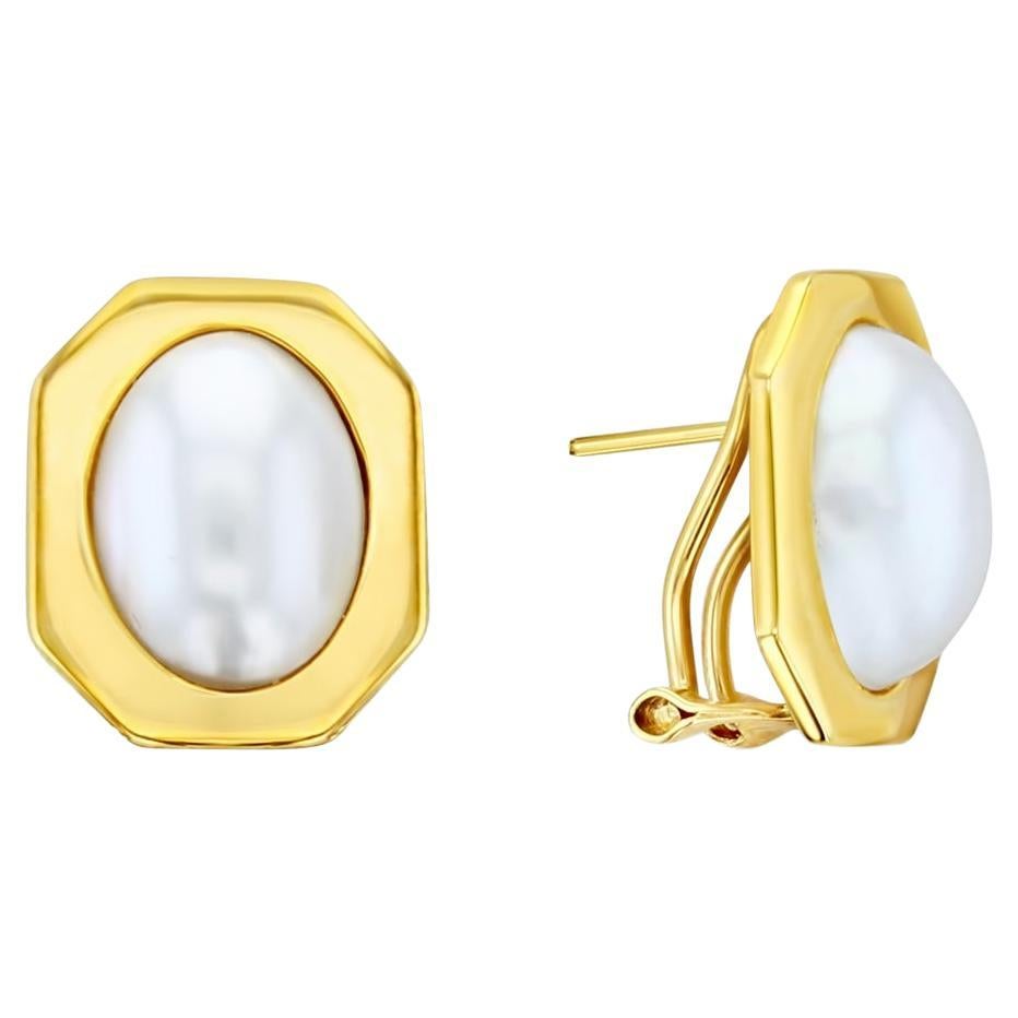 Oval Mabe Pearl Earrings with Polished Hexagon Bezel For Sale