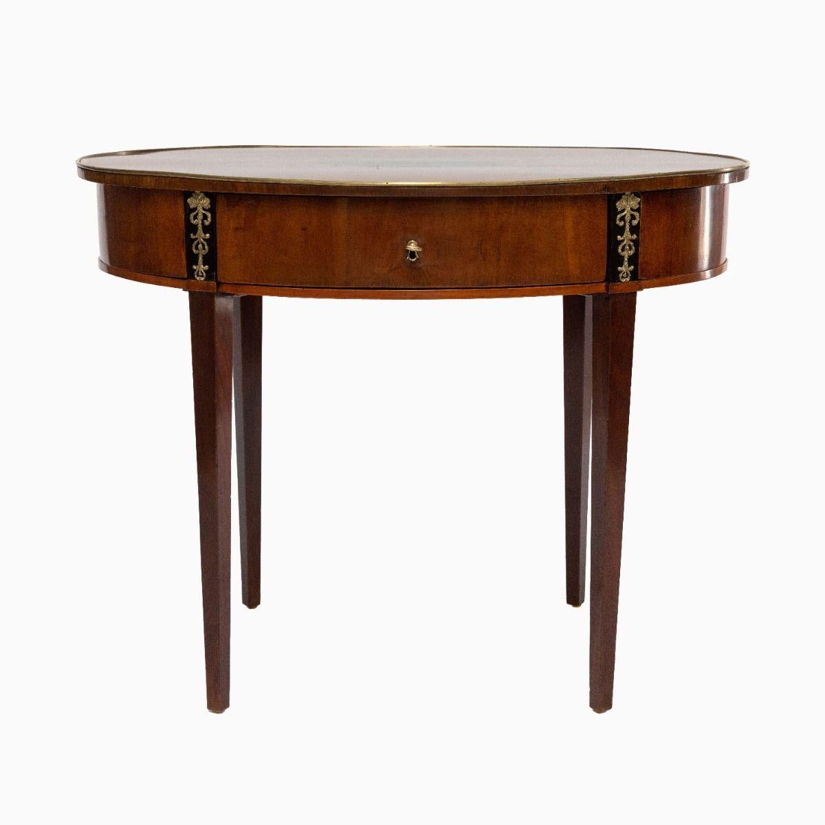 Oval Mahogany Sewing Table with Gilded Bronze Inlays and Secret Compartments 4