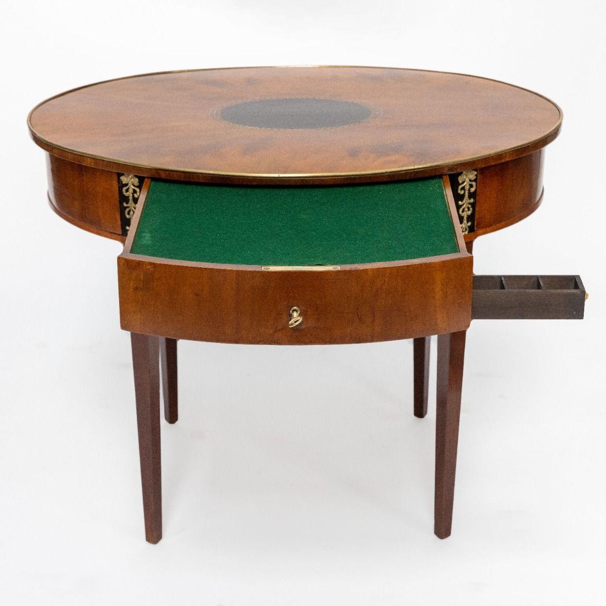 Danish Oval Mahogany Sewing Table with Gilded Bronze Inlays and Secret Compartments